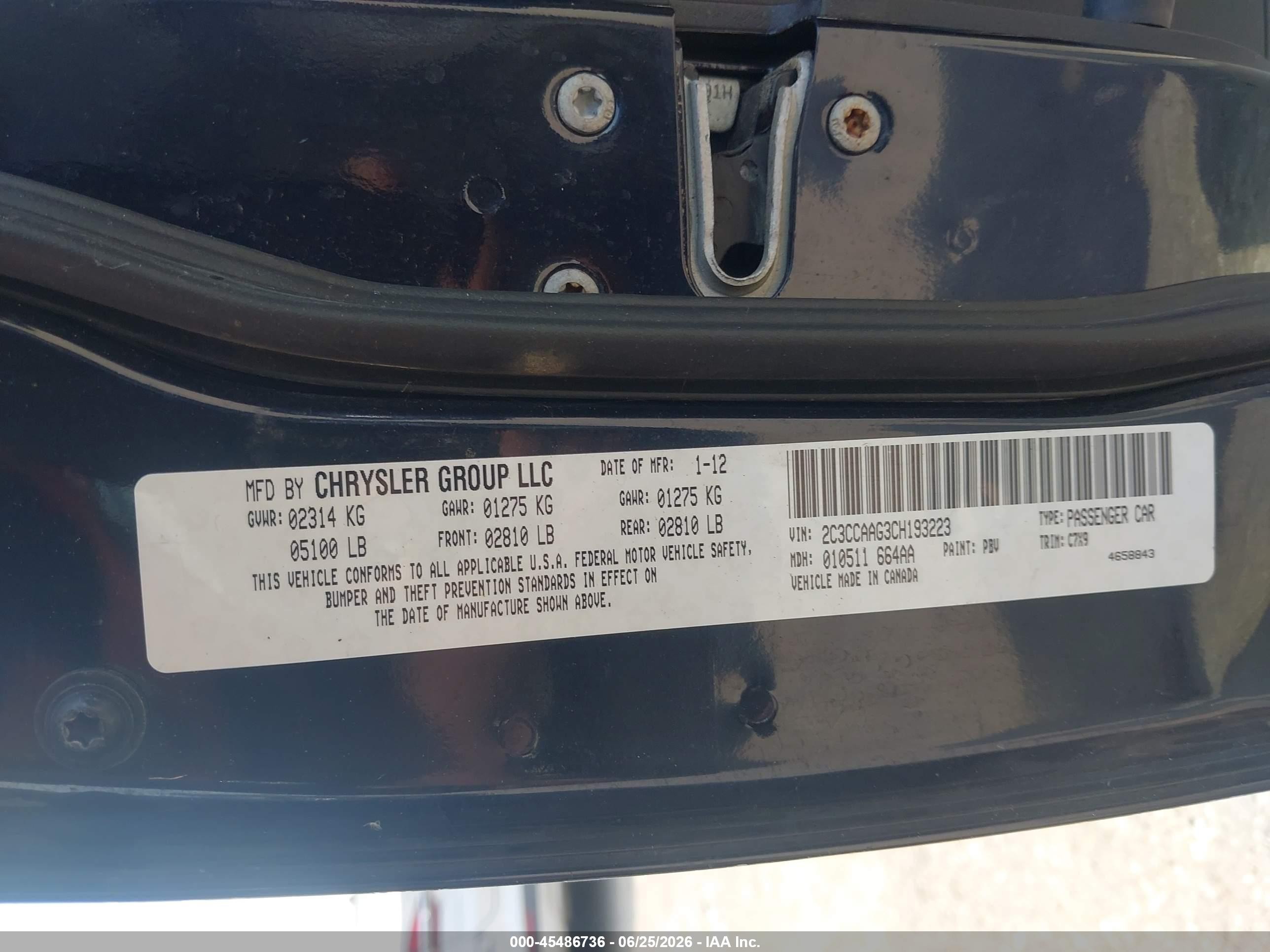 2012 Chrysler 300   Blue vin: 2C3CCAAG3CH193223
