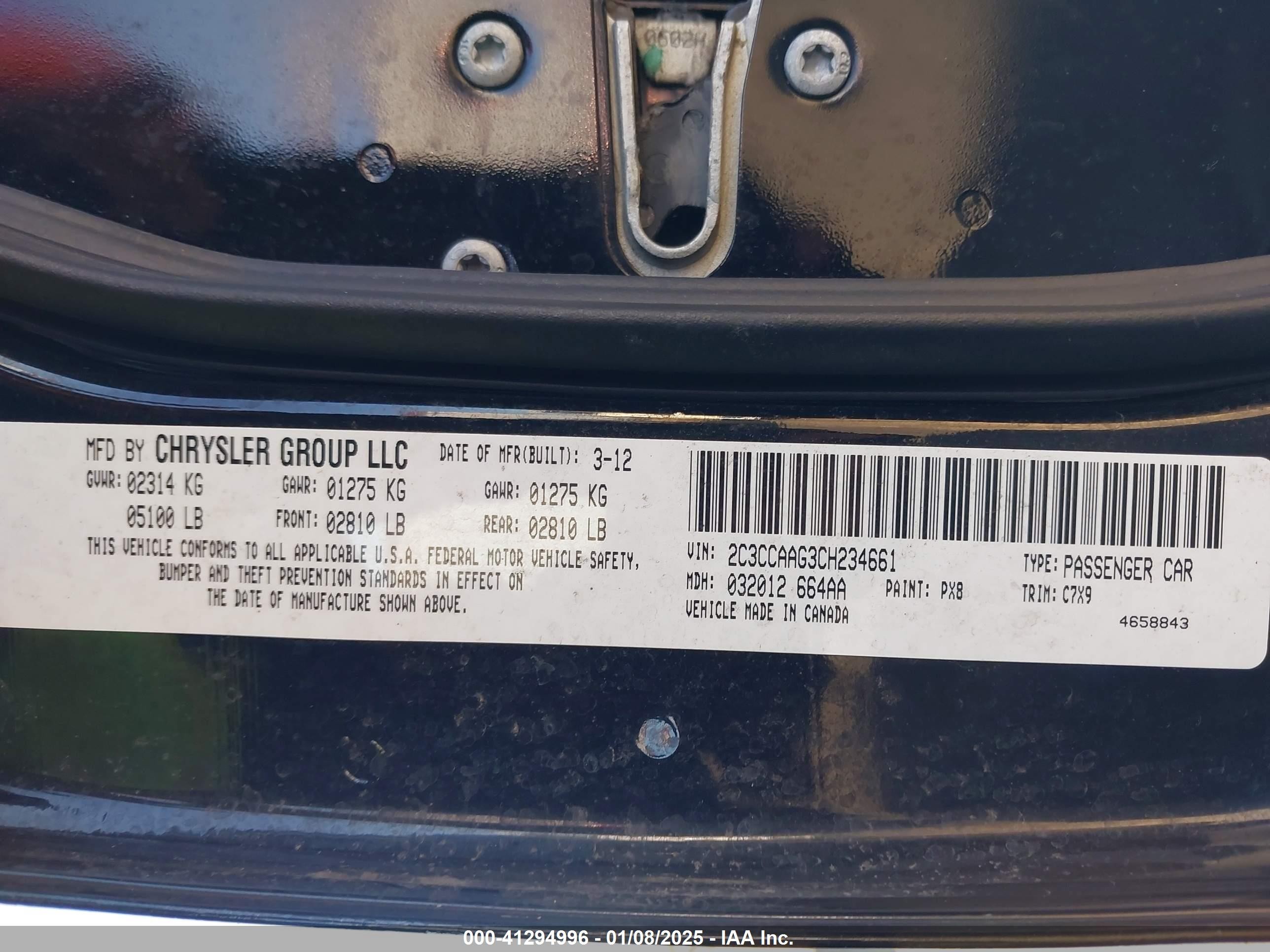 2012 Chrysler 300   Black vin: 2C3CCAAG3CH234661