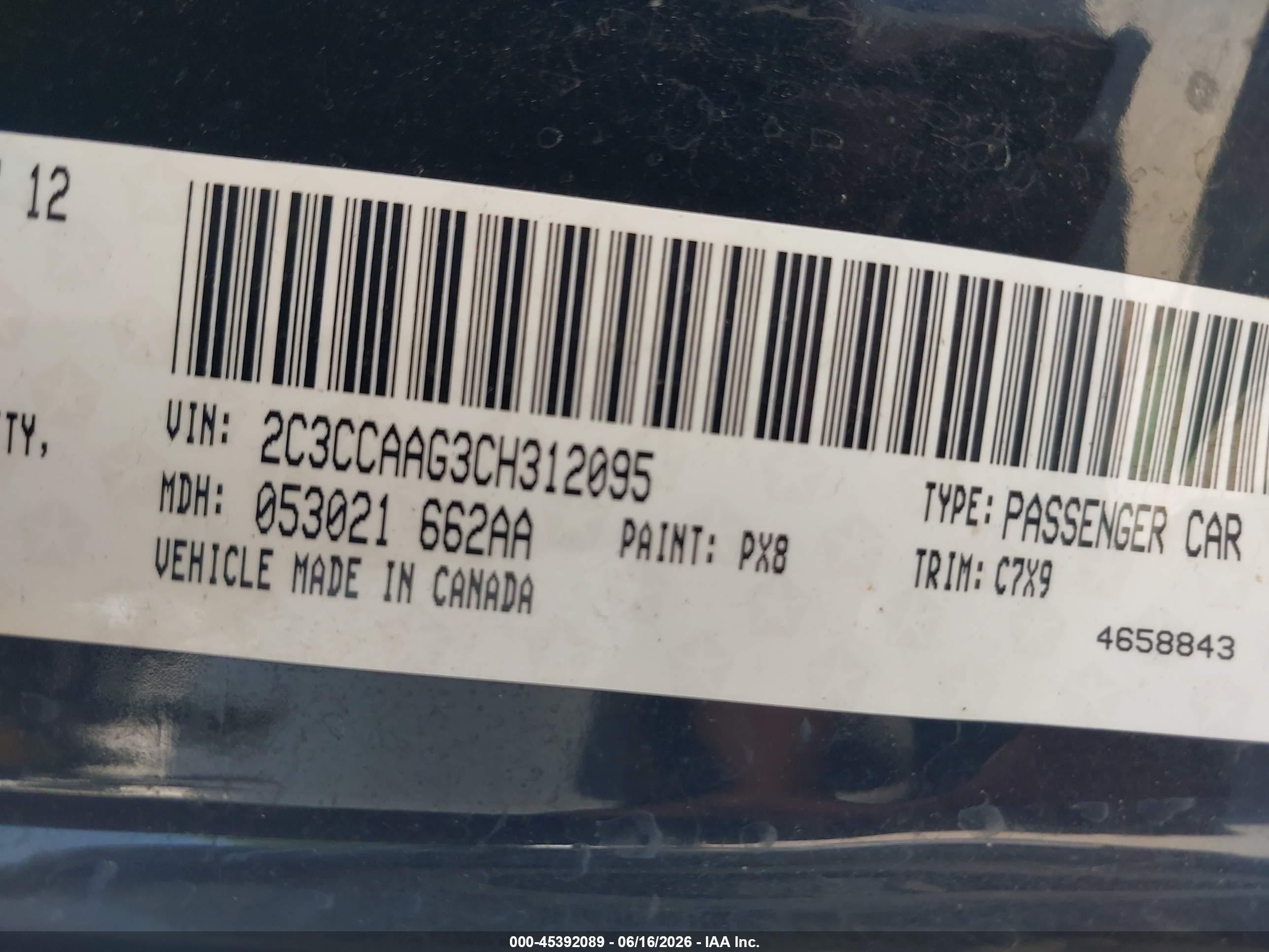 2012 Chrysler 300   Black vin: 2C3CCAAG3CH312095