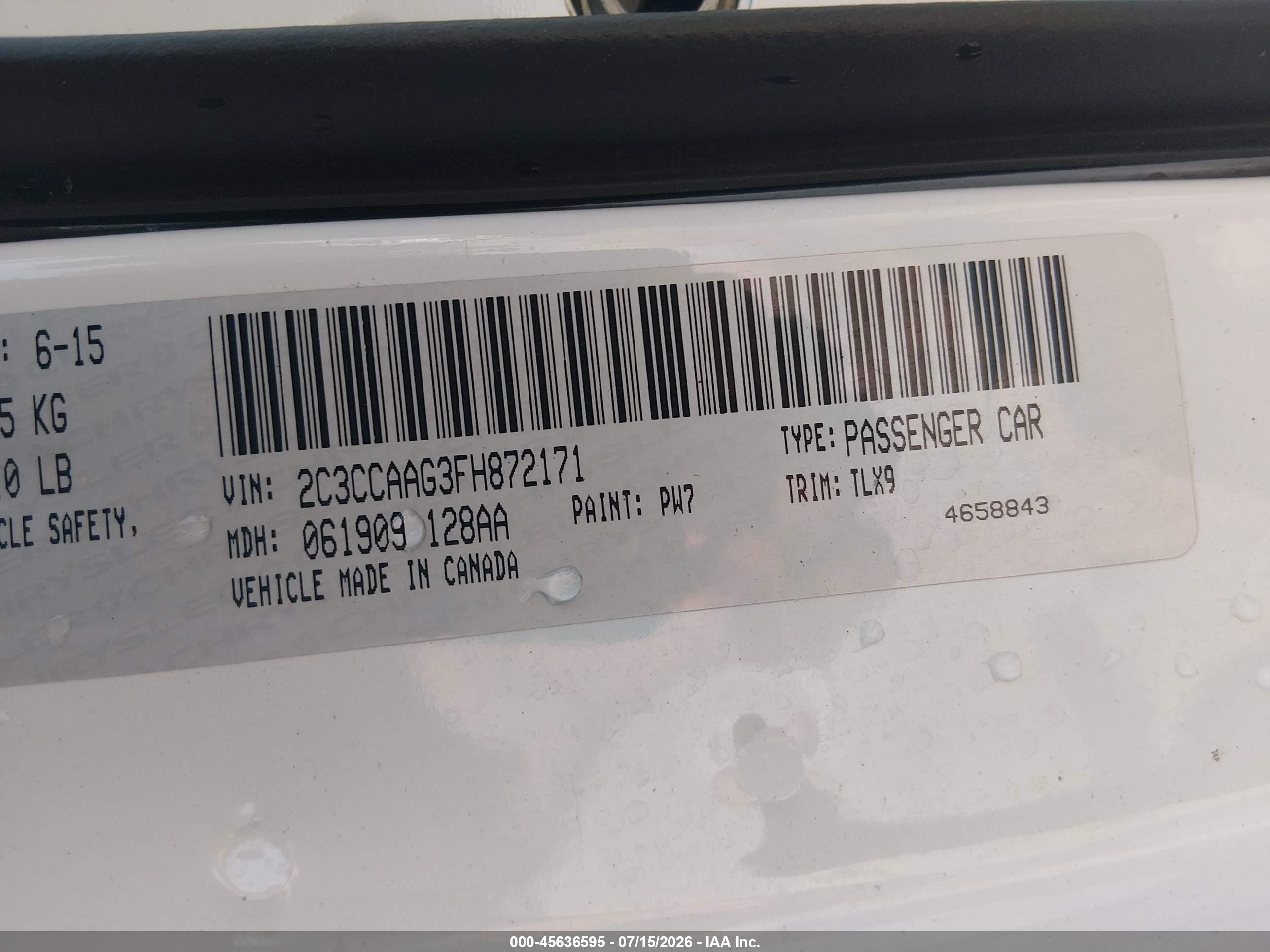 2015 Chrysler 300 Limited White vin: 2C3CCAAG3FH872171
