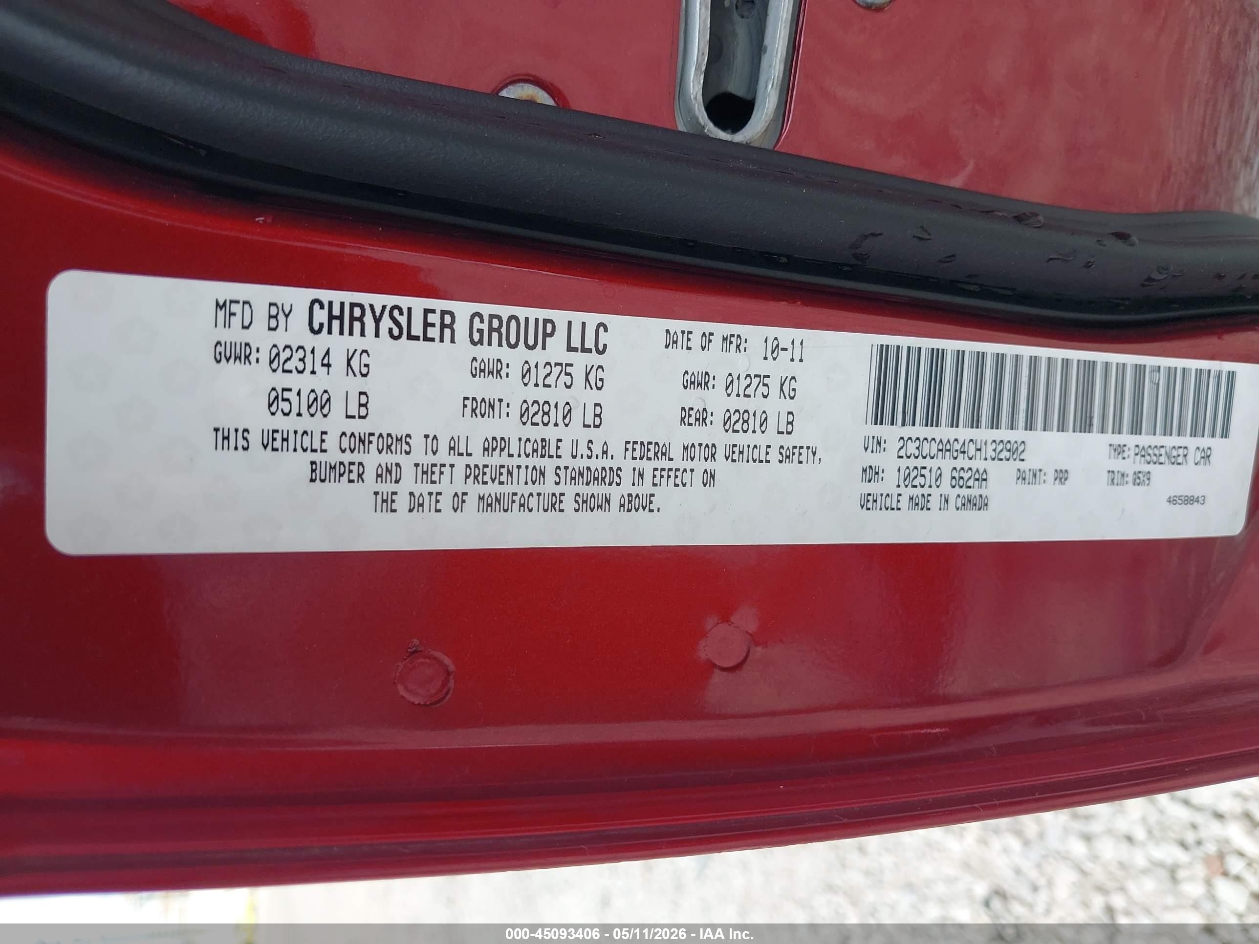 2012 Chrysler 300   Red vin: 2C3CCAAG4CH132902