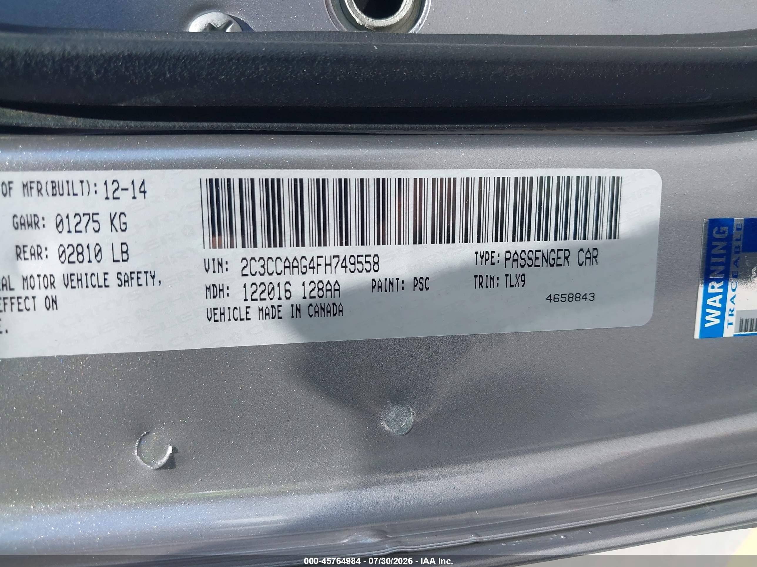 2015 Chrysler 300 Limited Silver vin: 2C3CCAAG4FH749558