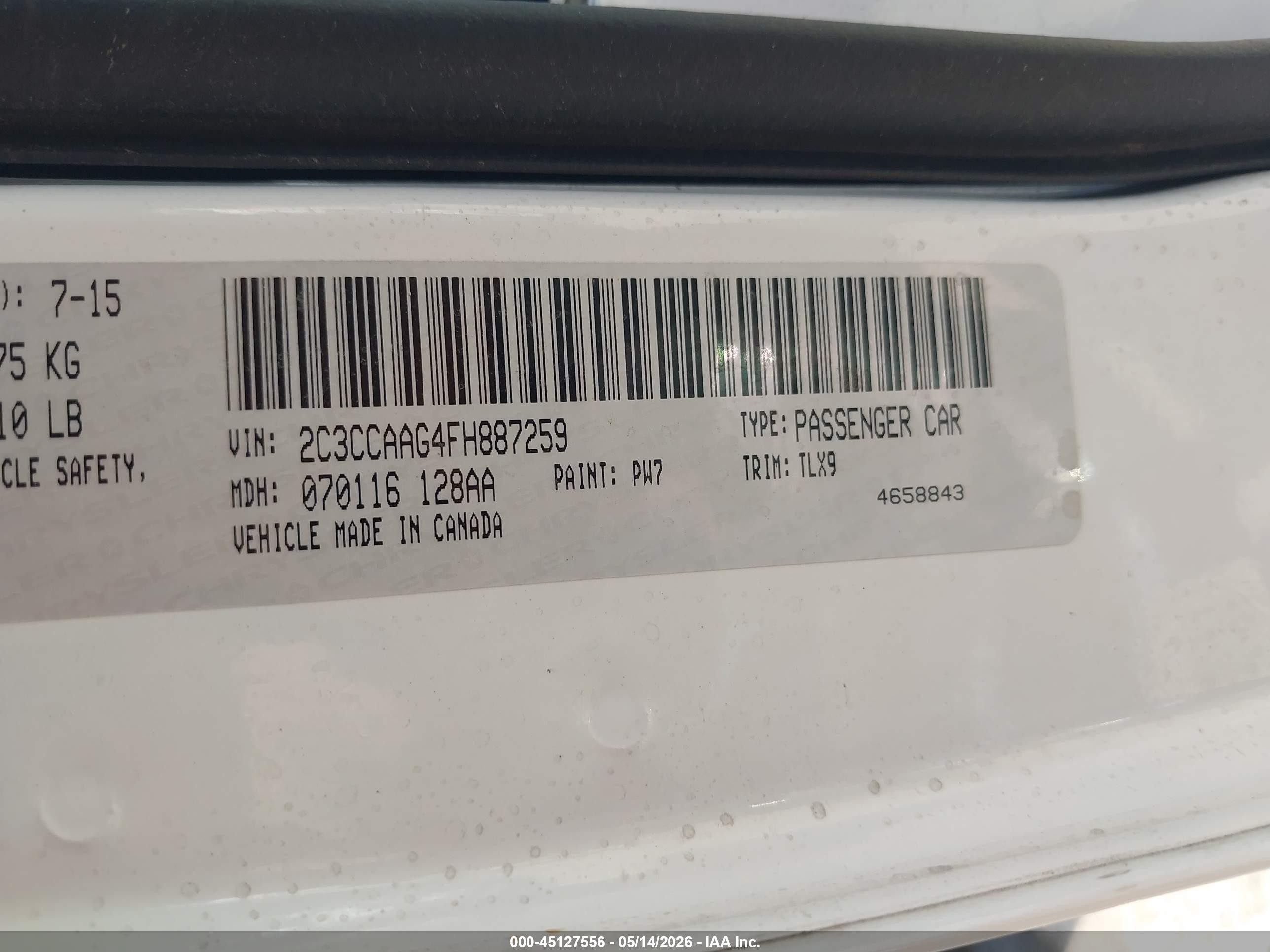 2015 Chrysler 300 Limited White vin: 2C3CCAAG4FH887259