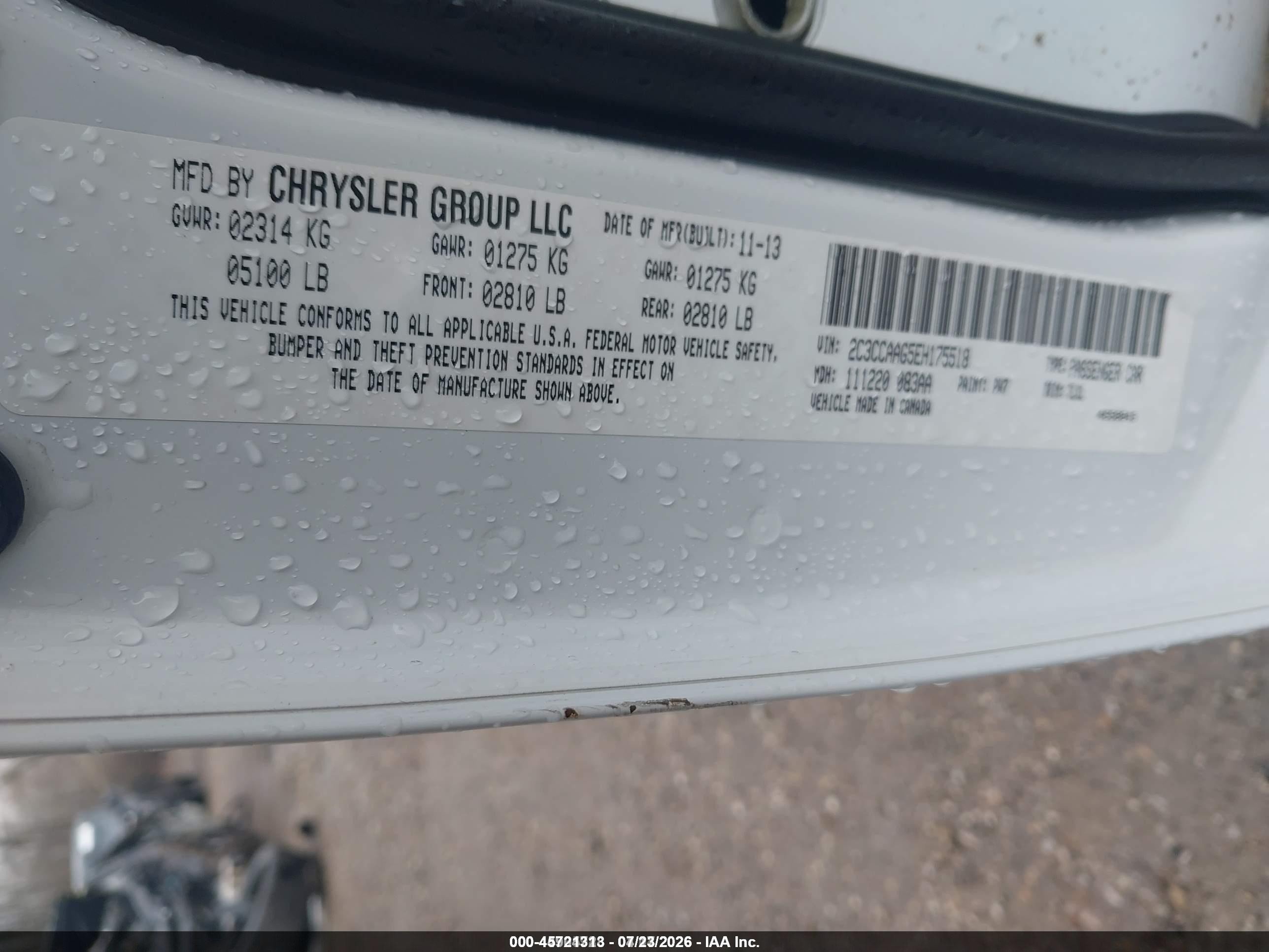 2014 Chrysler 300   White vin: 2C3CCAAG5EH175518