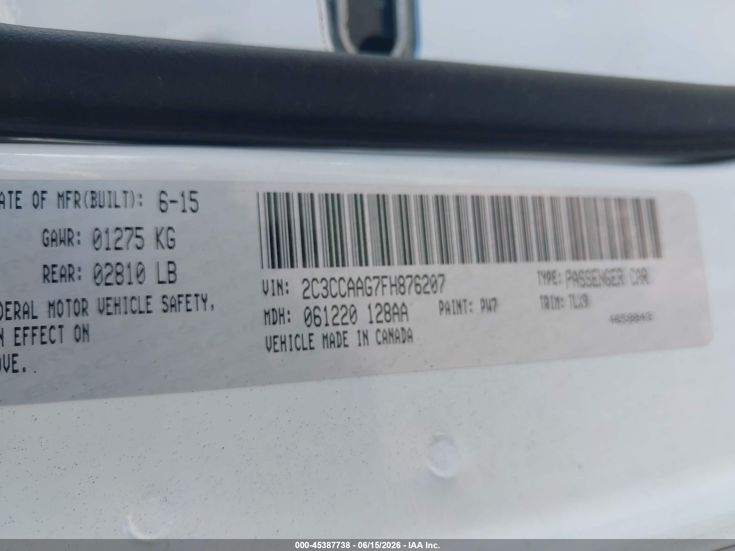 2015 Chrysler 300 Limited White vin: 2C3CCAAG7FH876207