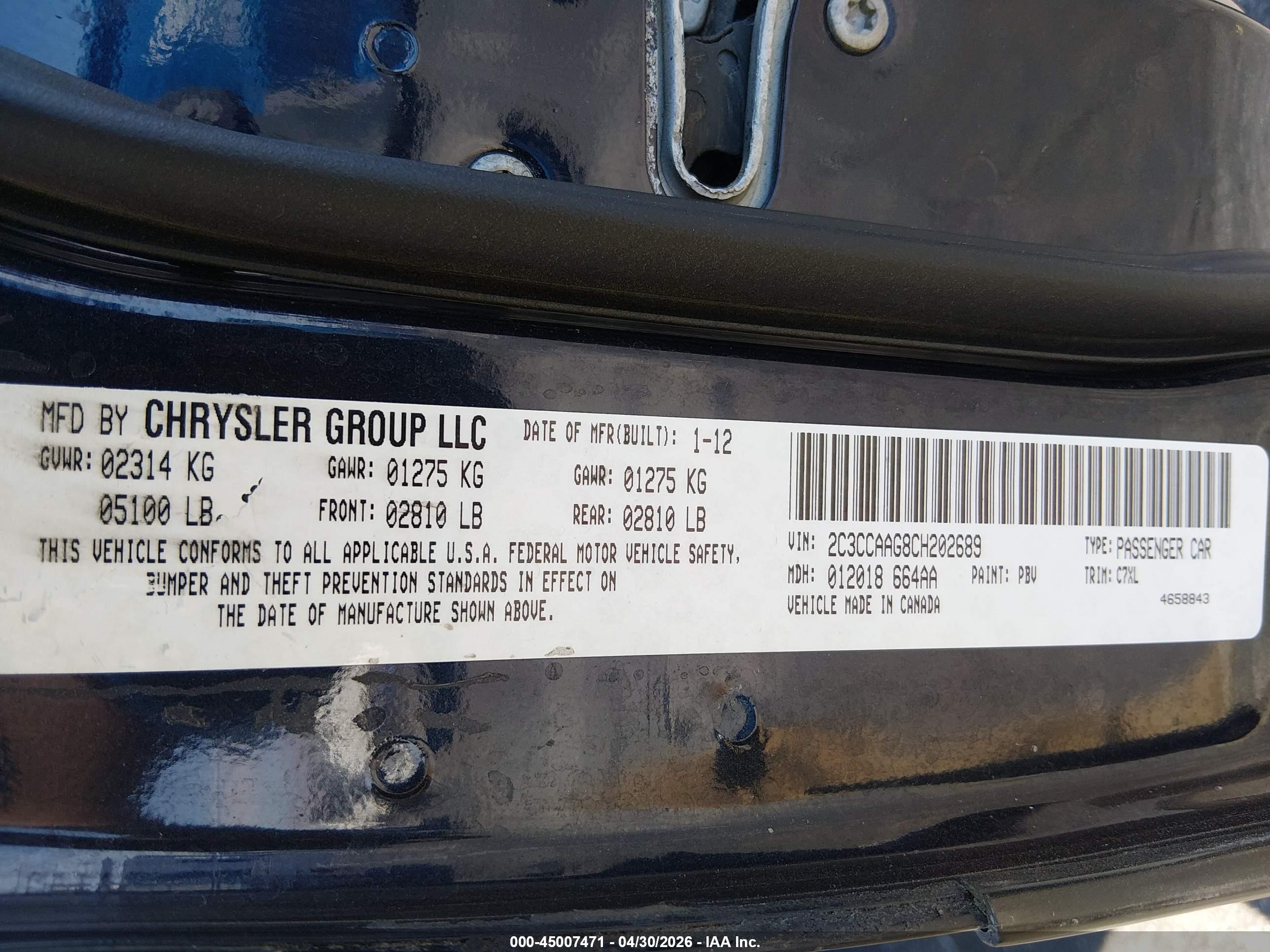 2012 Chrysler 300   Blue vin: 2C3CCAAG8CH202689