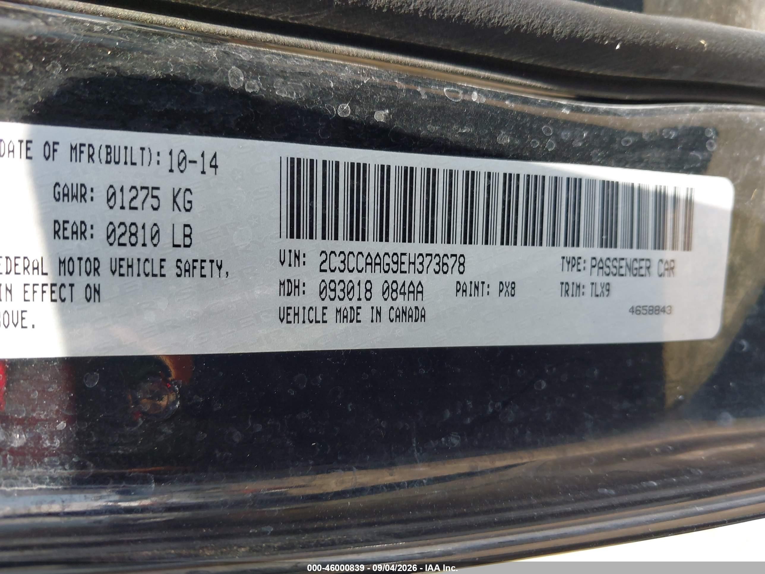2014 Chrysler 300 Black vin: 2C3CCAAG9EH373678