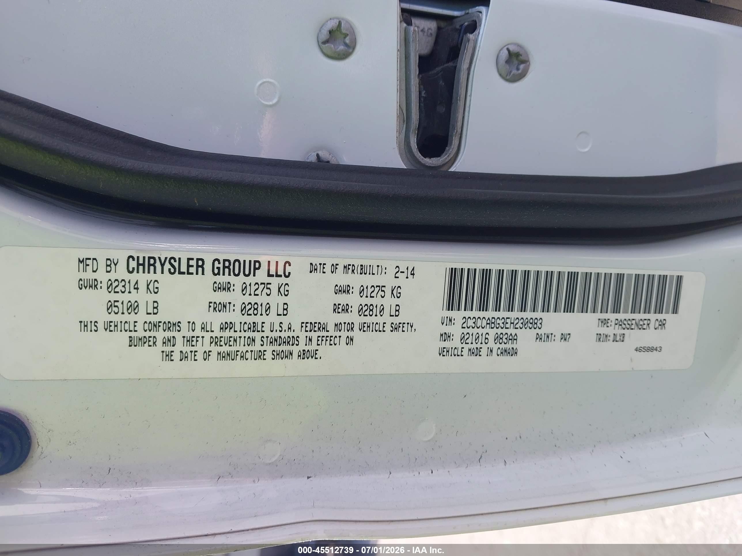 2014 Chrysler 300   White vin: 2C3CCABG3EH230983