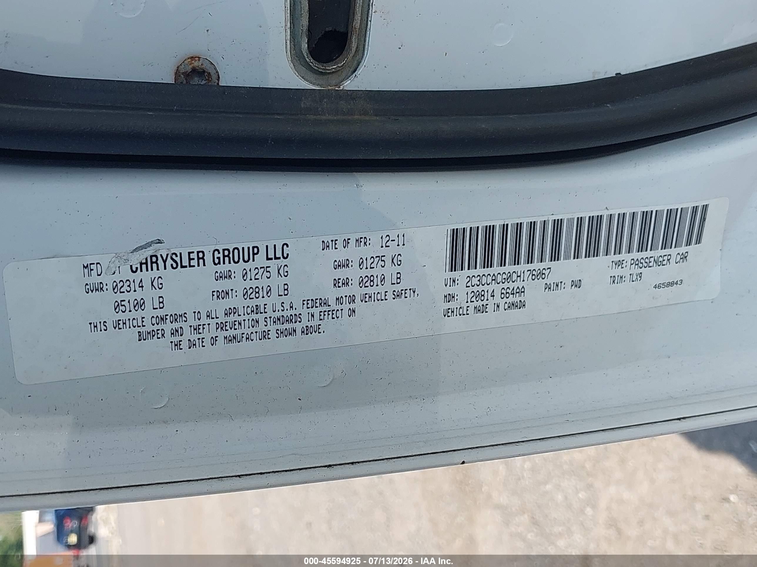 2012 Chrysler 300 Limited Белый vin: 2C3CCACG0CH176067