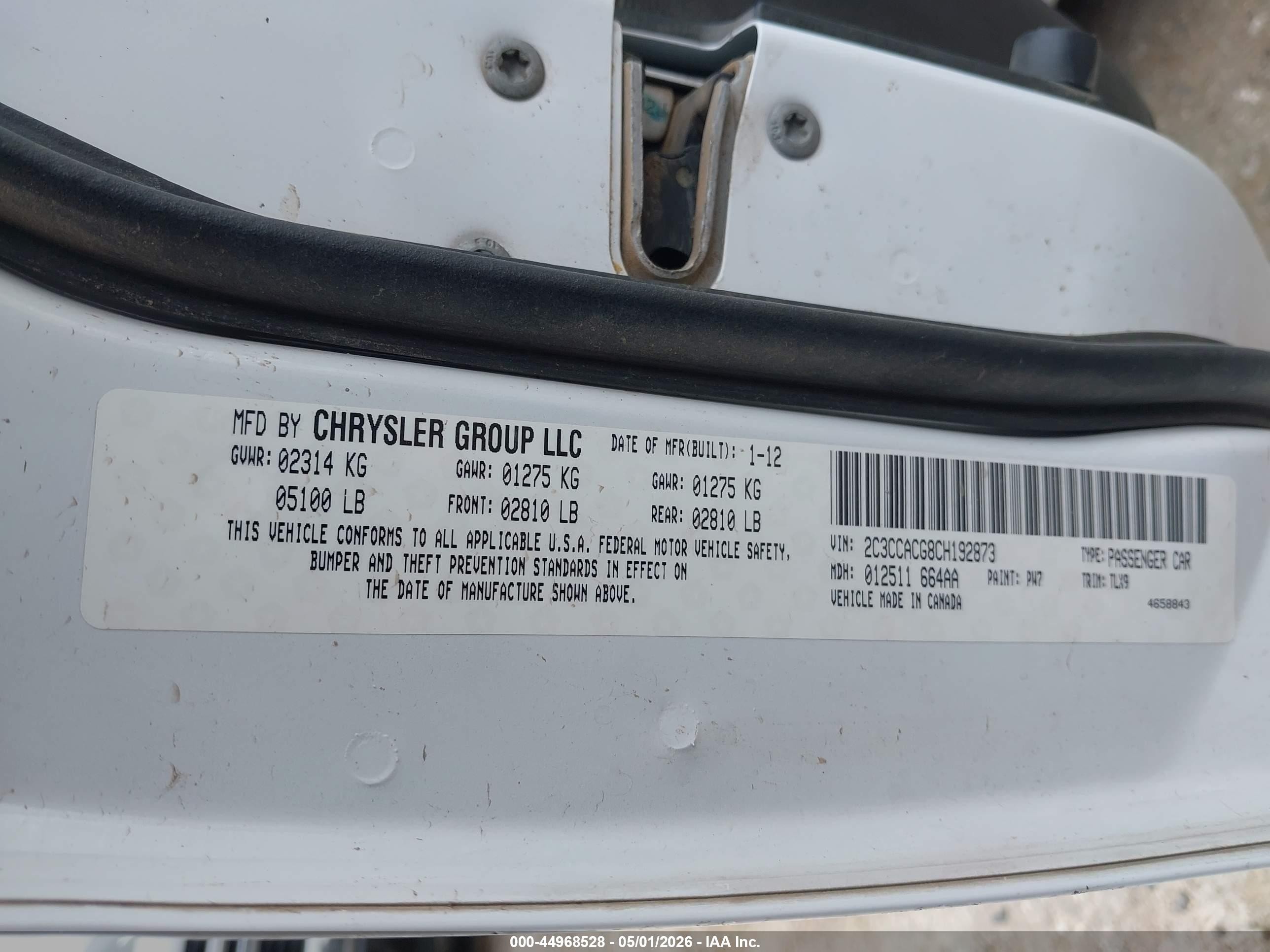 2012 Chrysler 300 Limited White vin: 2C3CCACG8CH192873