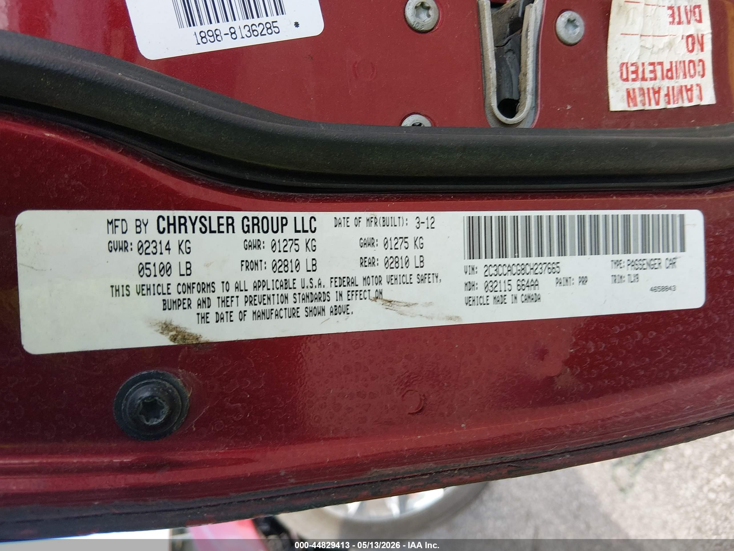 2012 Chrysler 300 Limited Burgundy vin: 2C3CCACG8CH237665