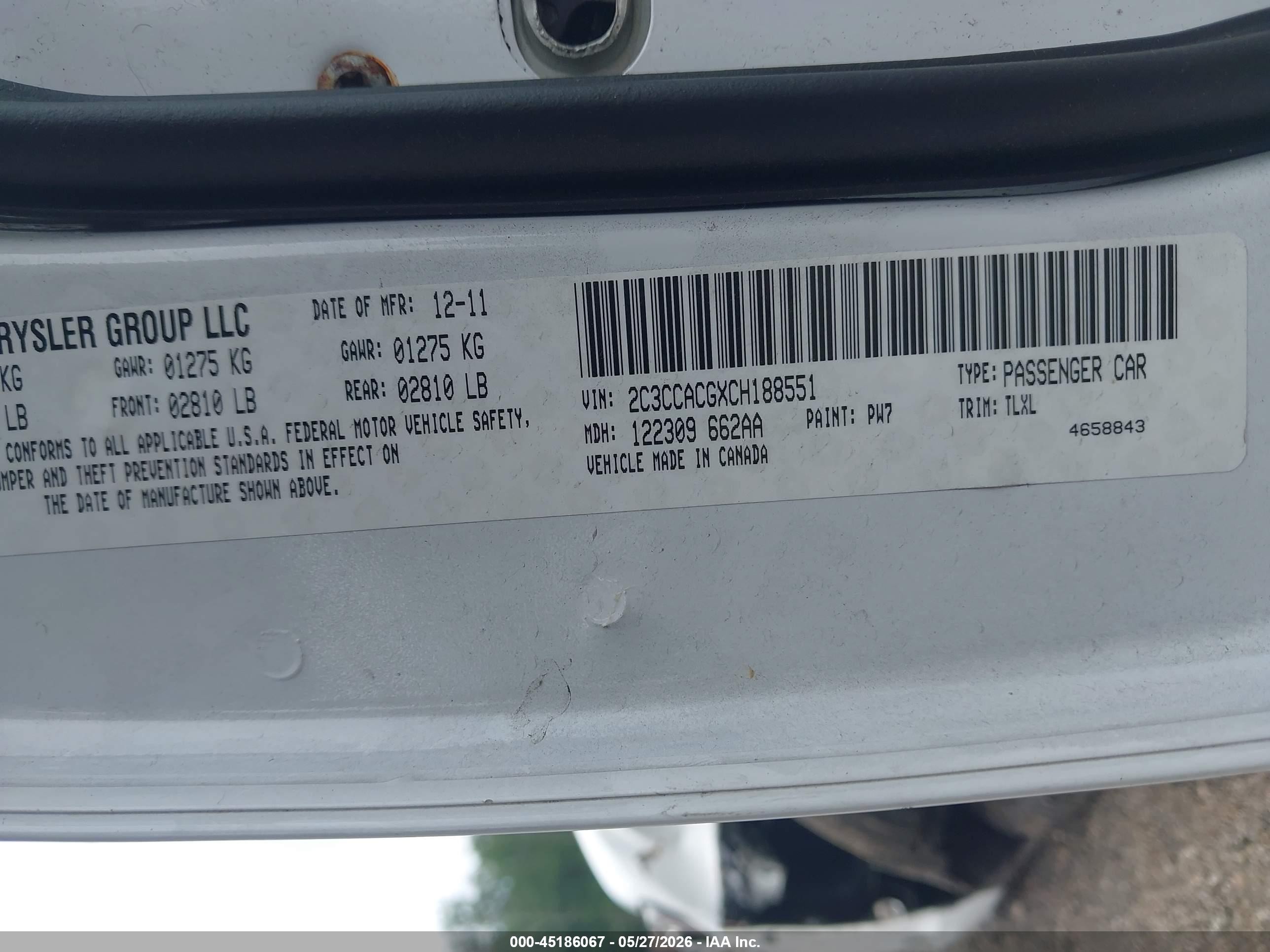 2012 Chrysler 300 Limited White vin: 2C3CCACGXCH188551