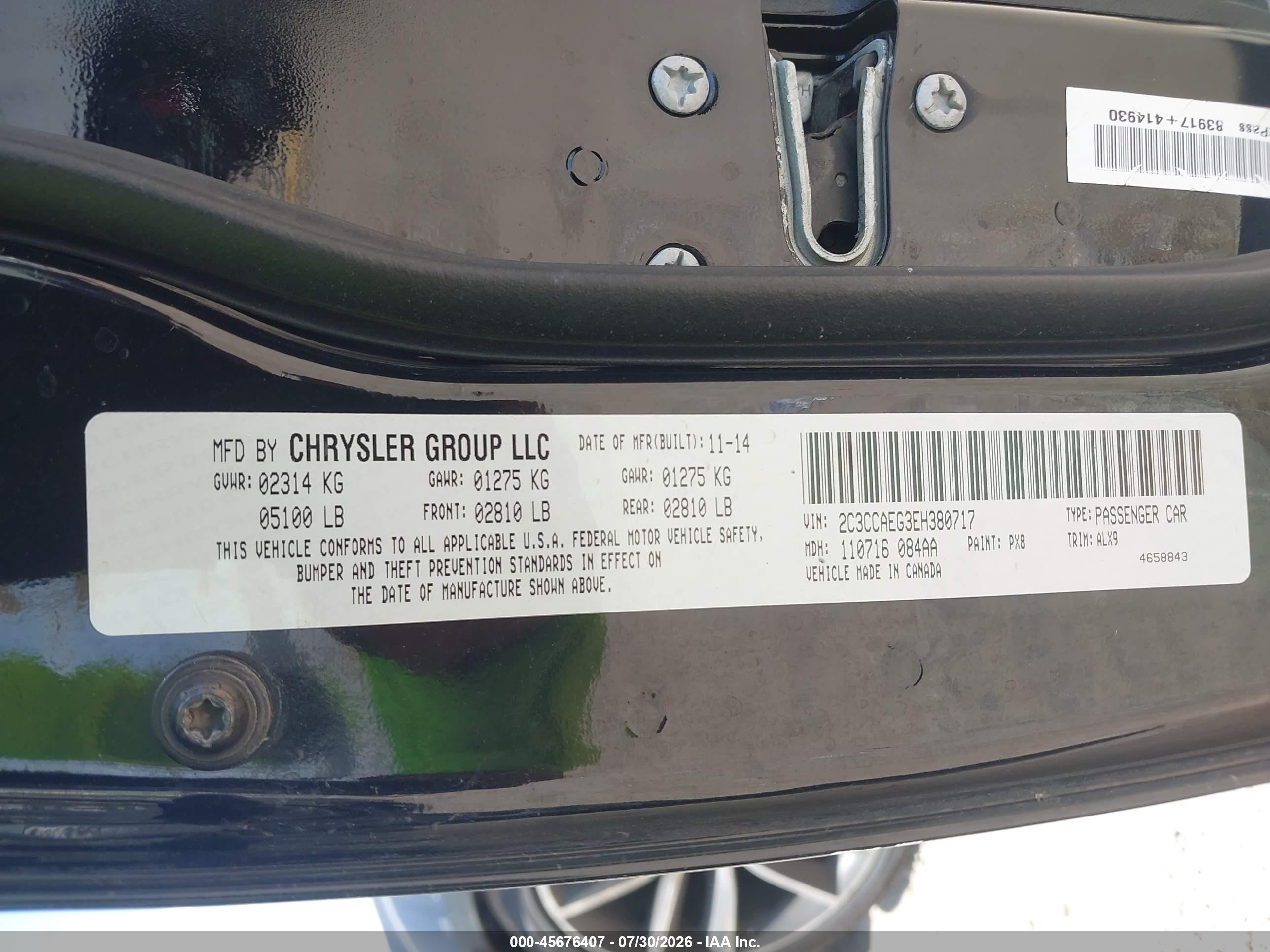 2014 Chrysler 300c   Black vin: 2C3CCAEG3EH380717