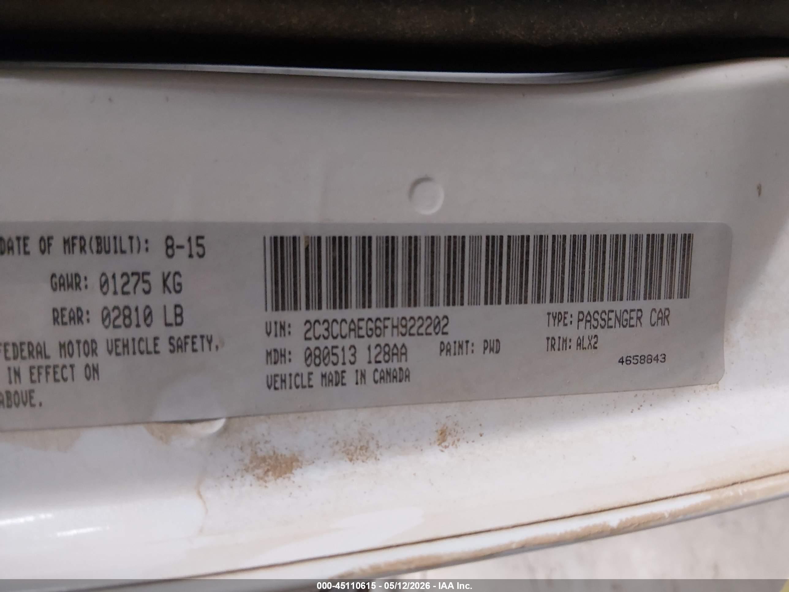 2015 Chrysler 300c   White vin: 2C3CCAEG6FH922202