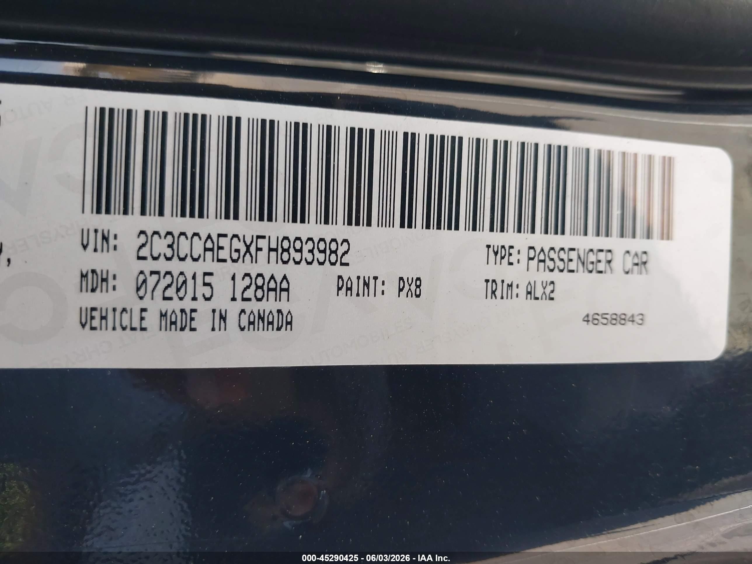 2015 Chrysler 300c   Black vin: 2C3CCAEGXFH893982
