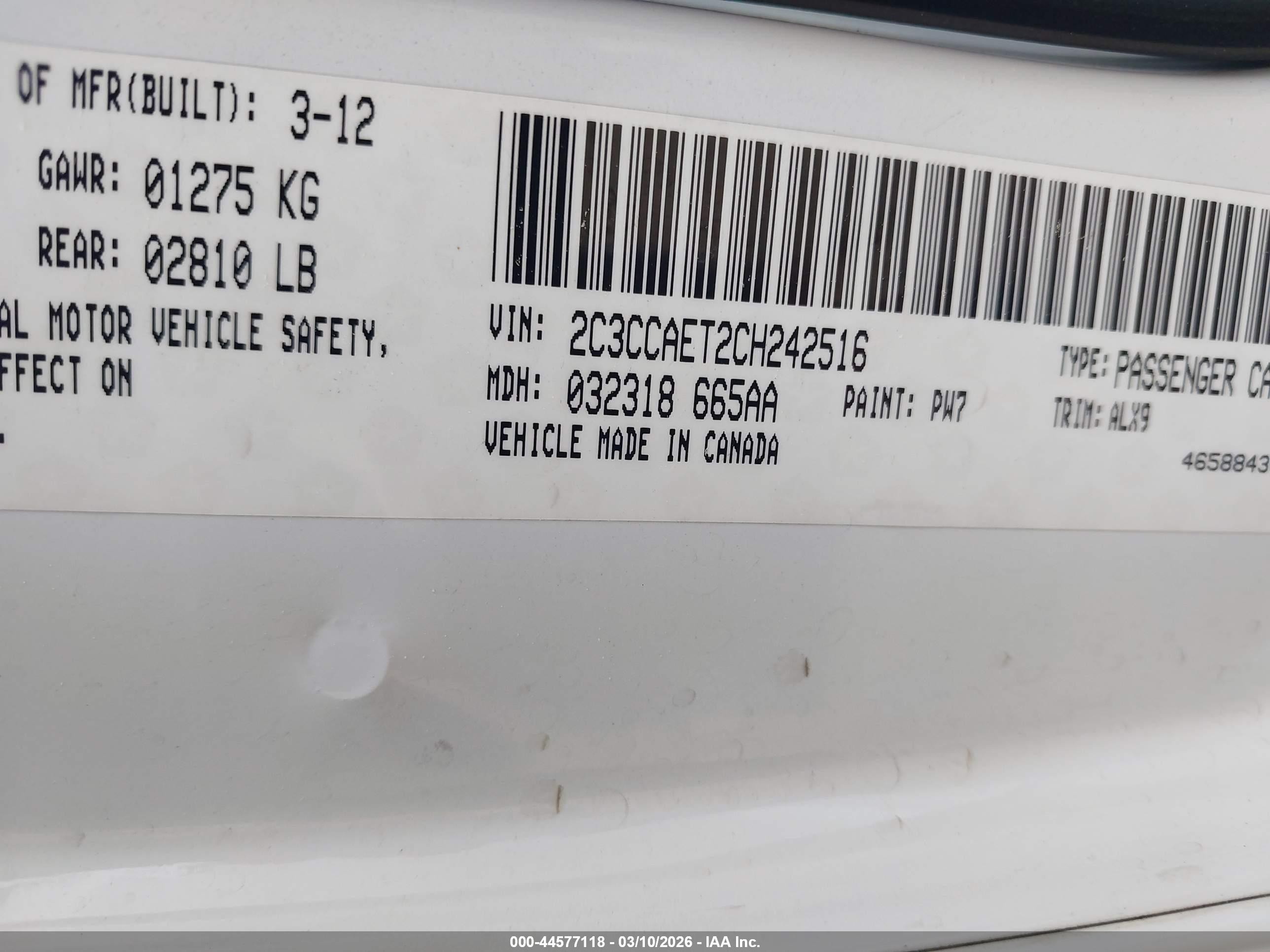 2012 Chrysler 300c White vin: 2C3CCAET2CH242516