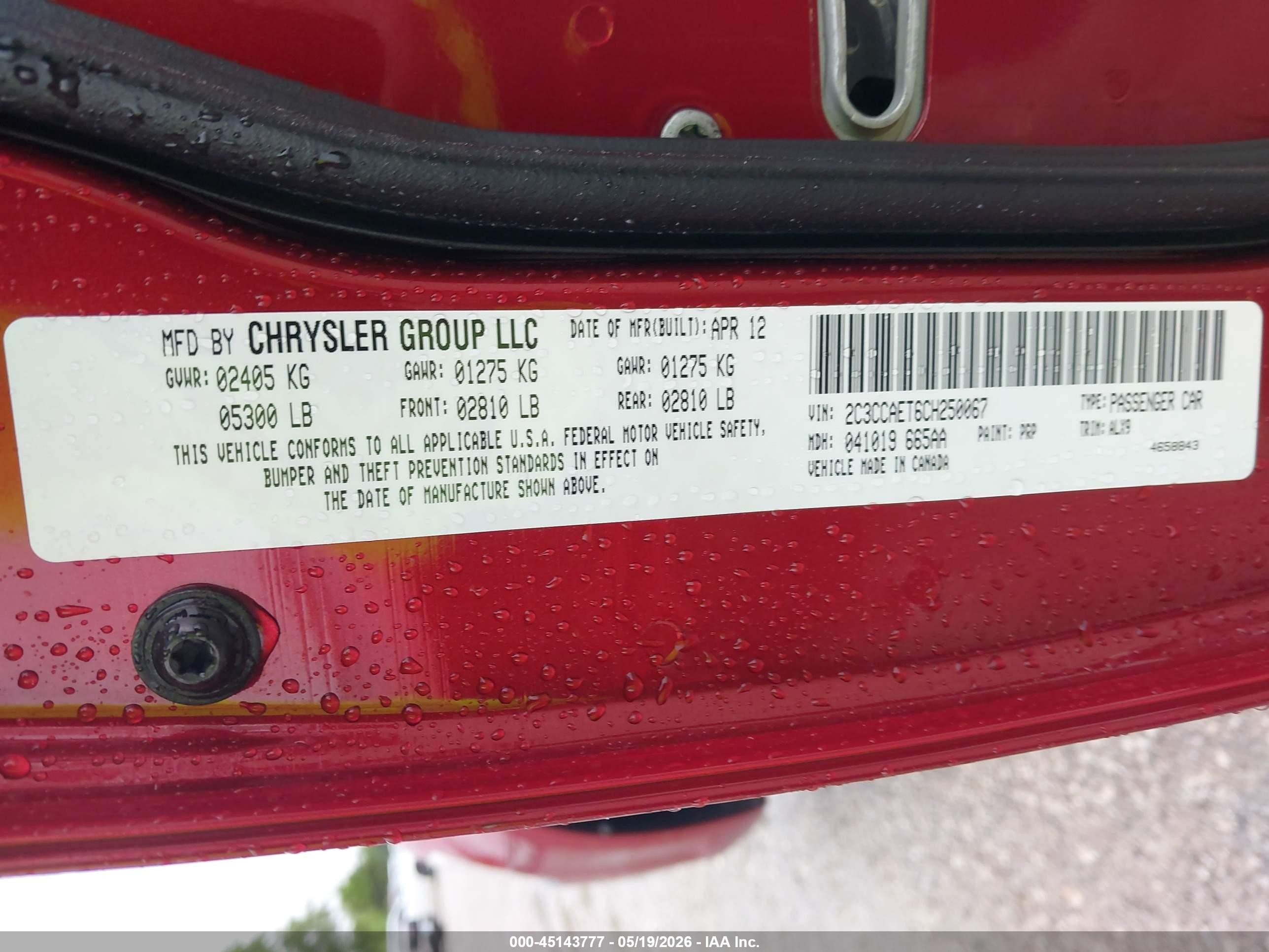 2012 Chrysler 300c   Red vin: 2C3CCAET6CH250067