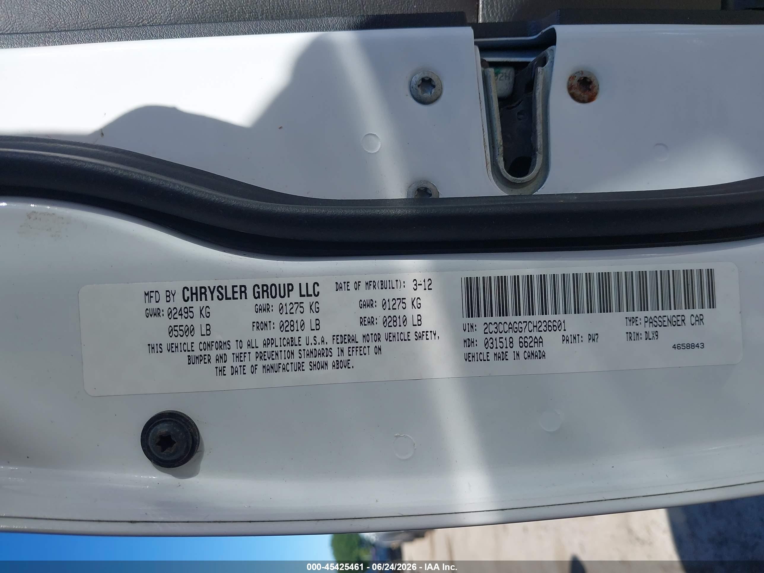 2012 Chrysler 300 S V6 White vin: 2C3CCAGG7CH236601