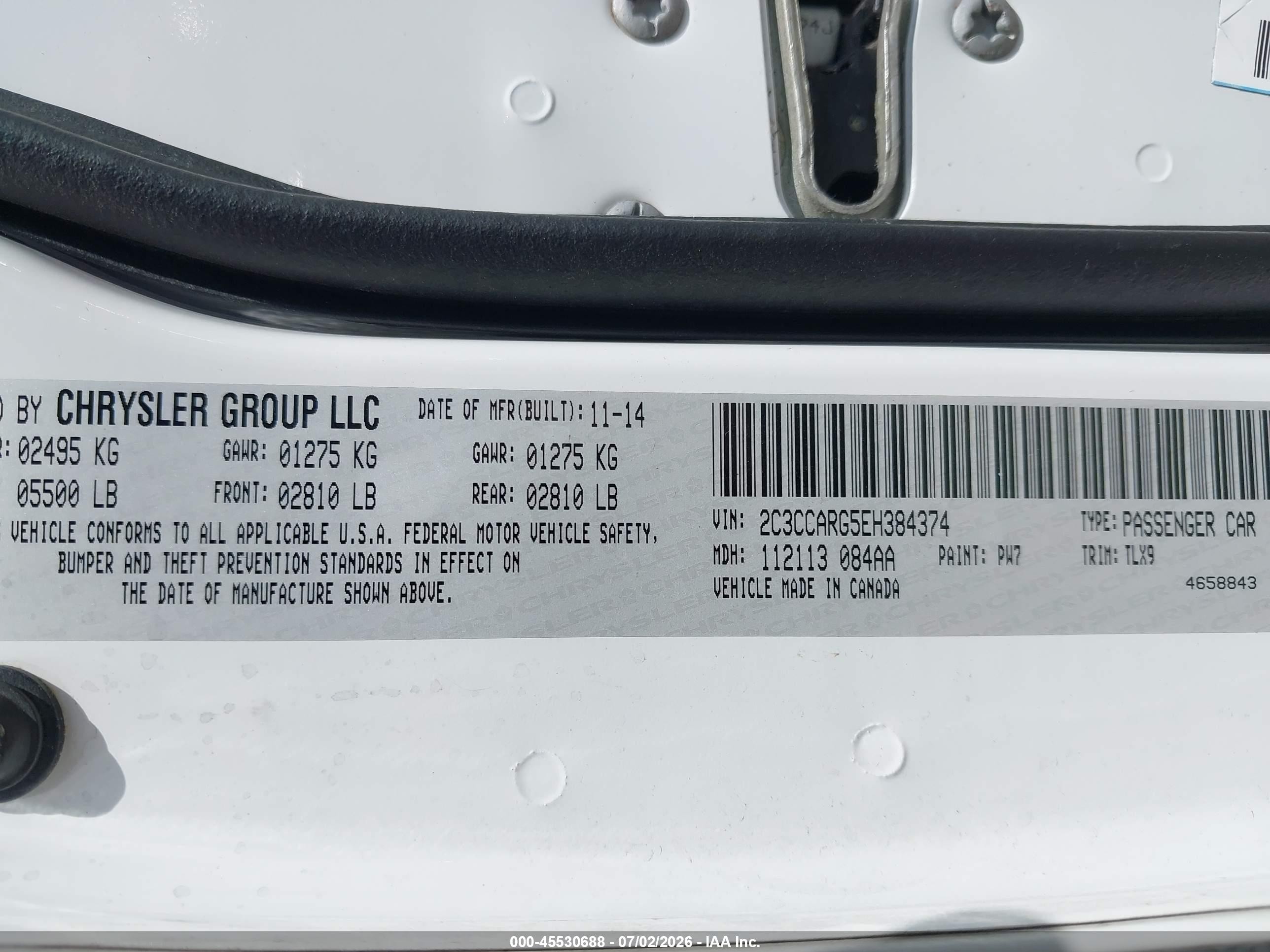 2014 Chrysler 300   White vin: 2C3CCARG5EH384374