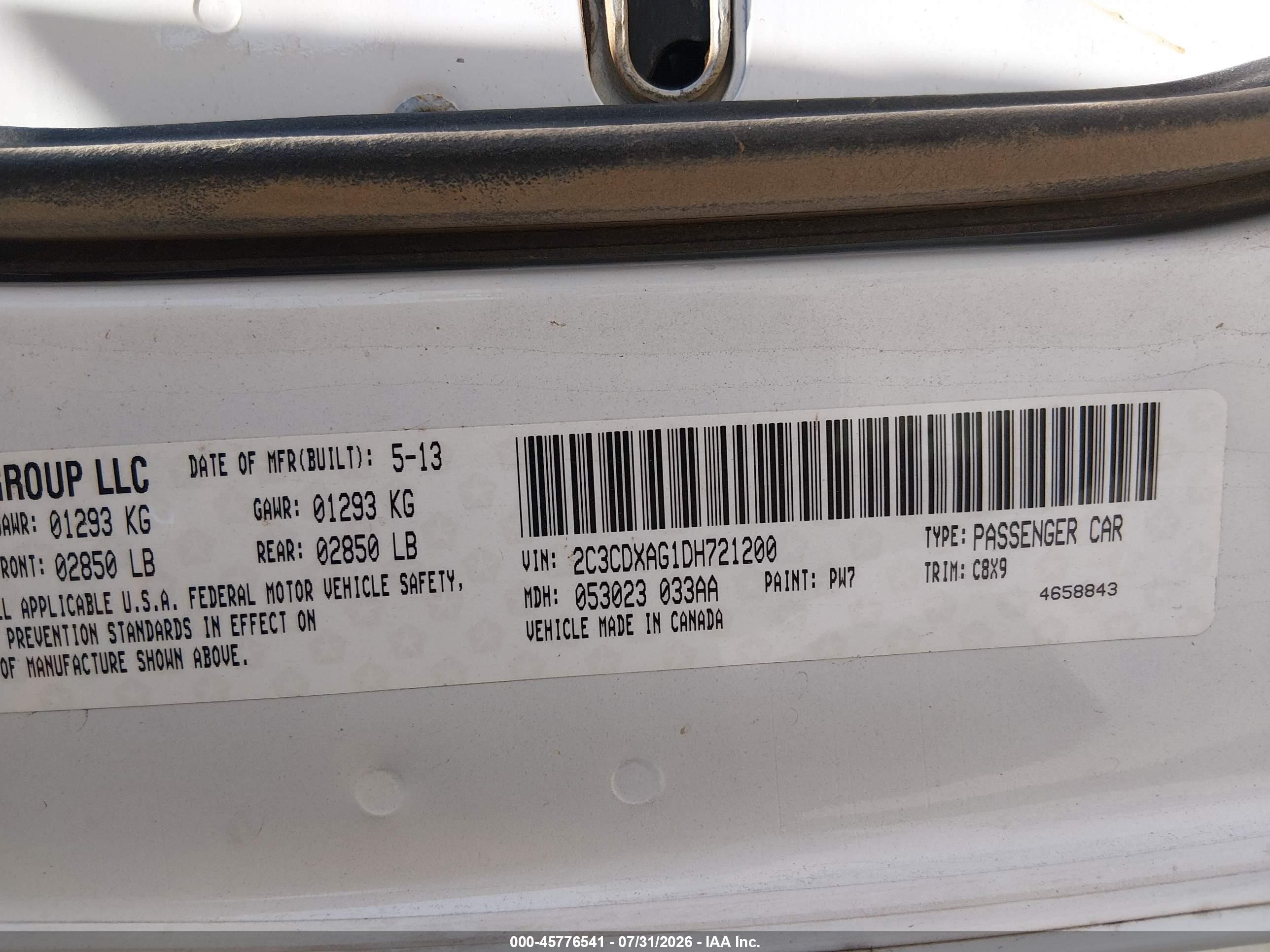 2013 Dodge Charger Police White vin: 2C3CDXAG1DH721200