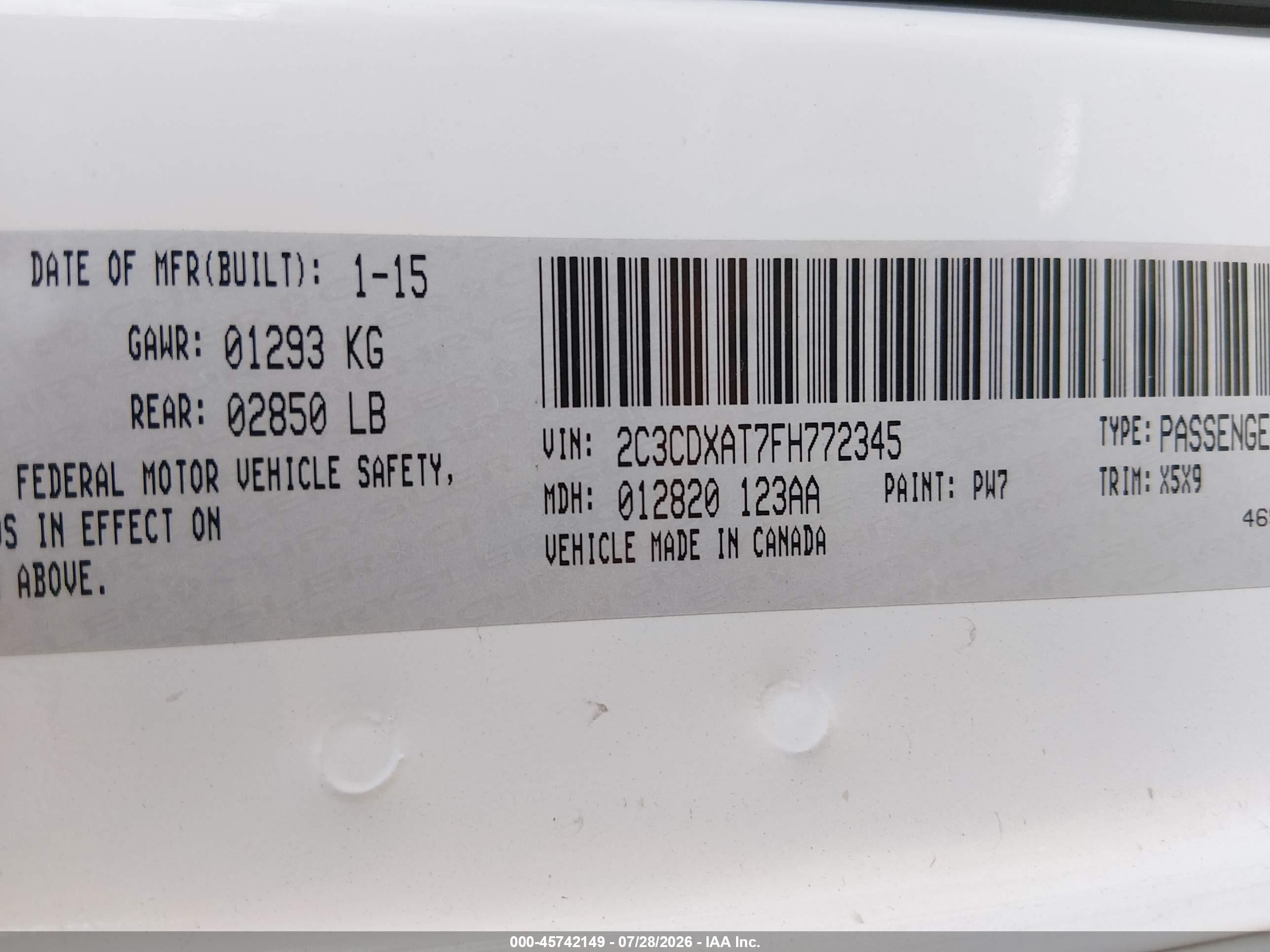 2015 Dodge Charger Police White vin: 2C3CDXAT7FH772345