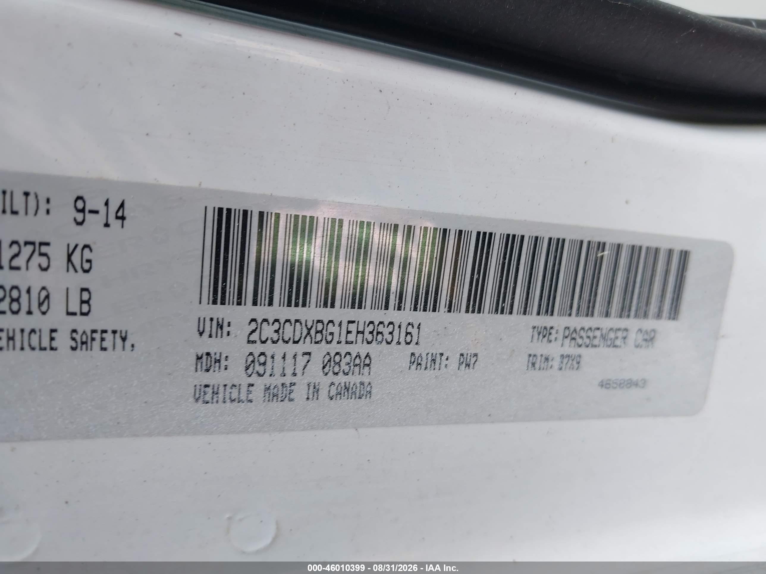 2014 Dodge Charger Se White vin: 2C3CDXBG1EH363161