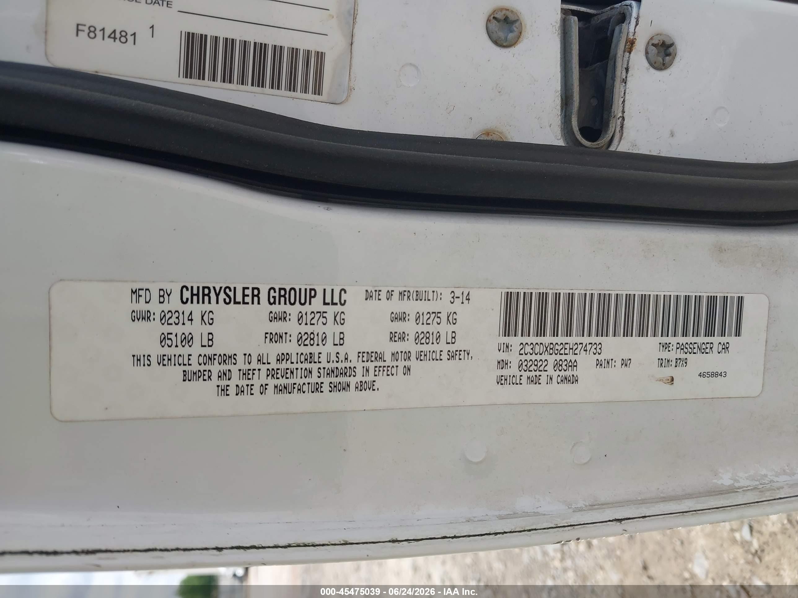 2014 Dodge Charger Se White vin: 2C3CDXBG2EH274733