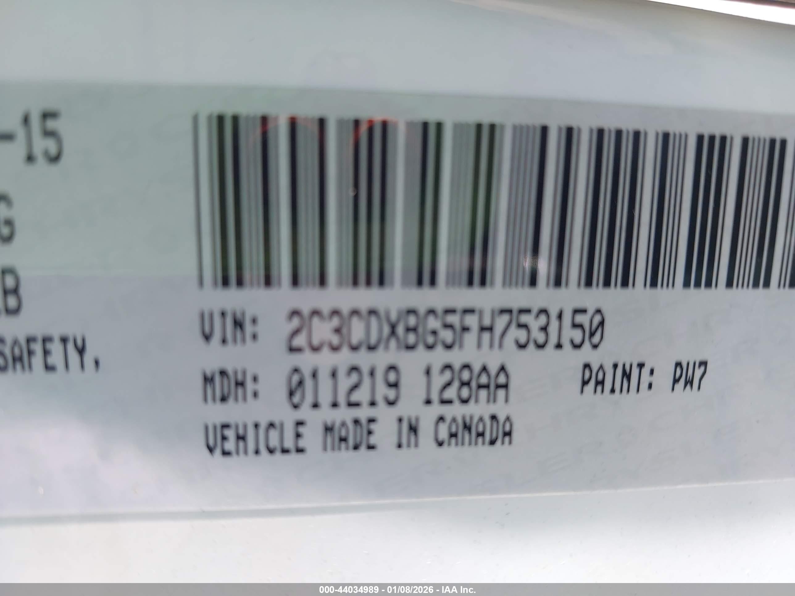 2015 Dodge Charger Se White vin: 2C3CDXBG5FH753150
