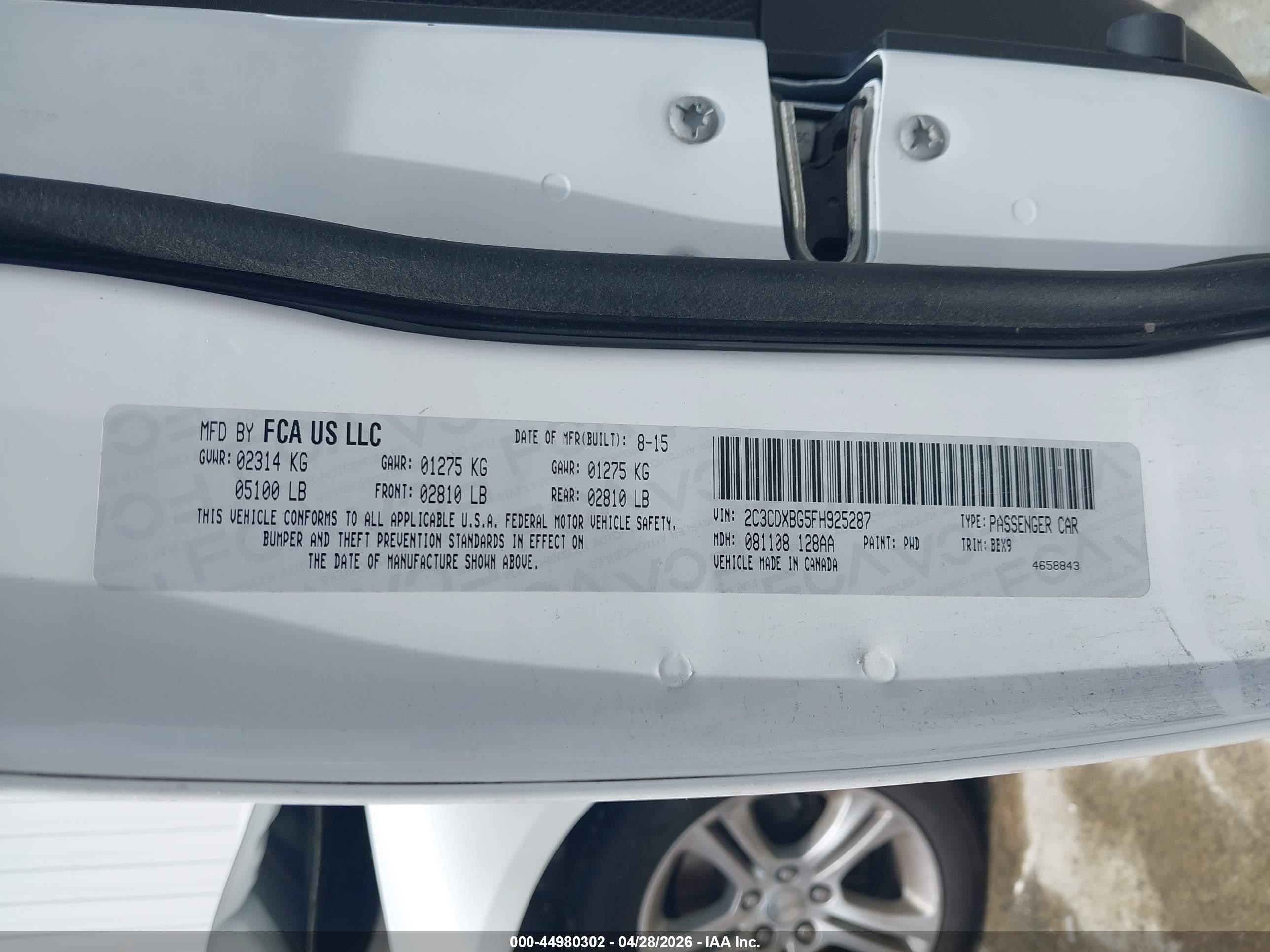 2015 Dodge Charger Se White vin: 2C3CDXBG5FH925287