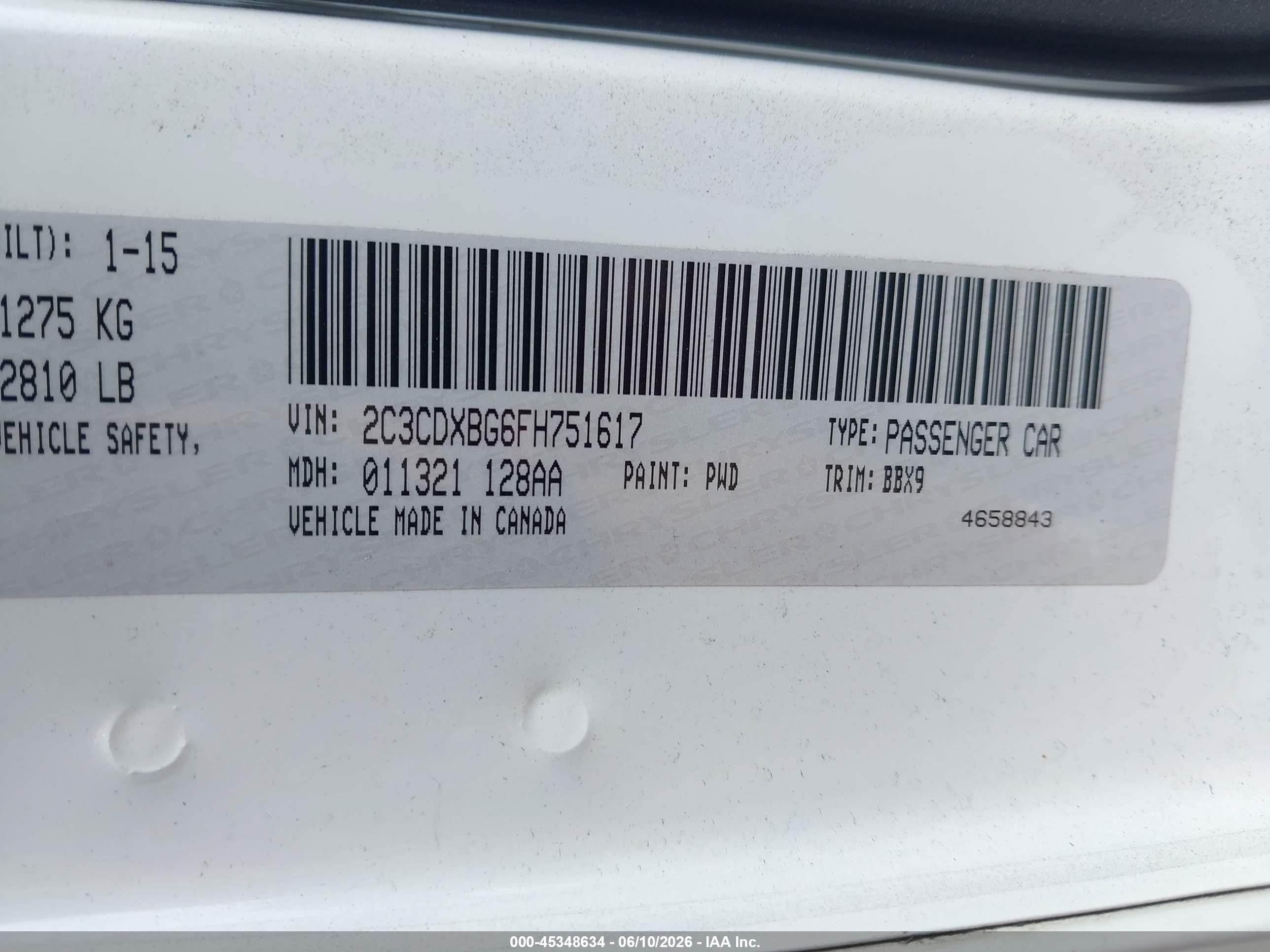 2015 Dodge Charger Se White vin: 2C3CDXBG6FH751617