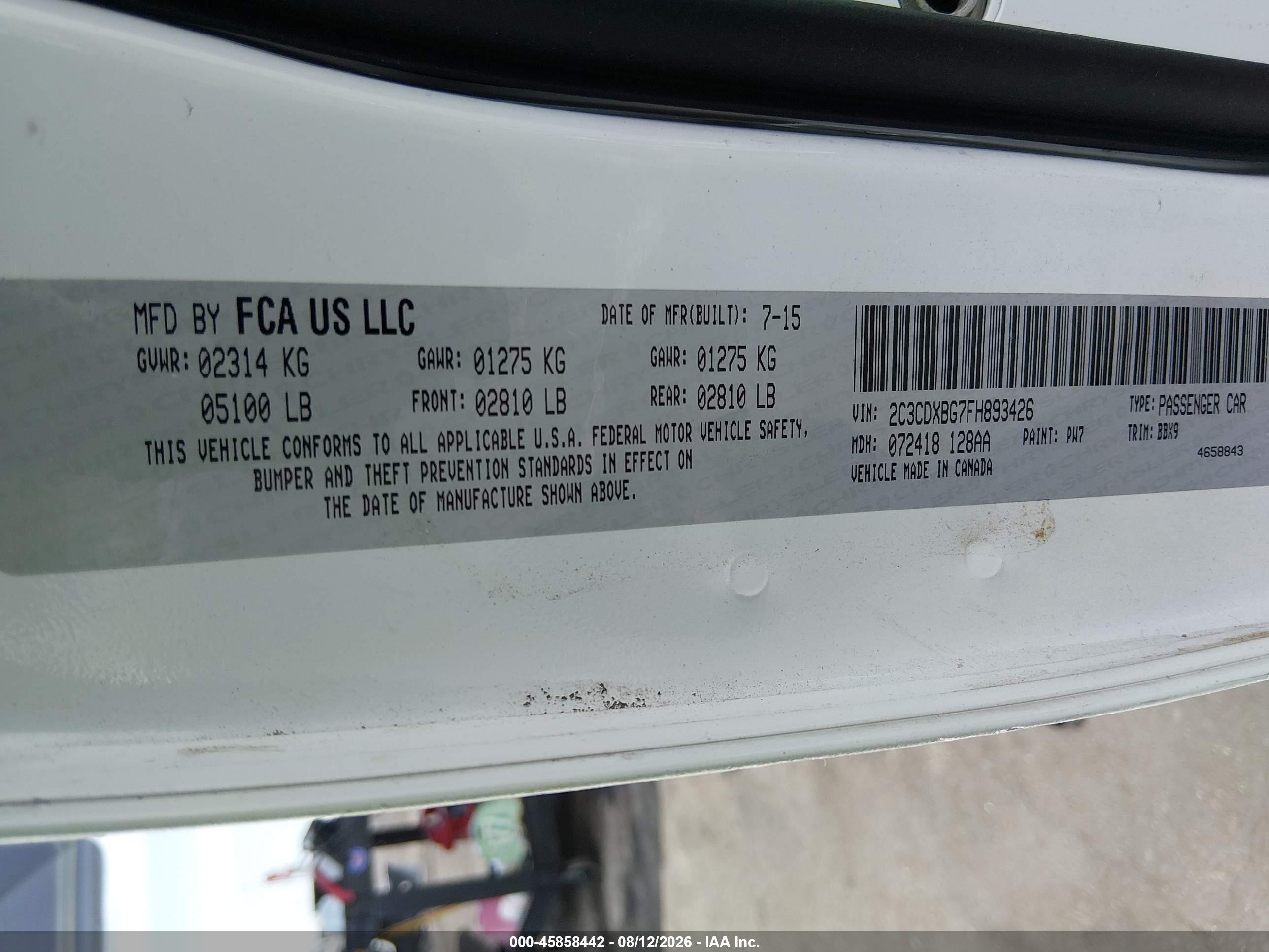 2015 Dodge Charger Se White vin: 2C3CDXBG7FH893426