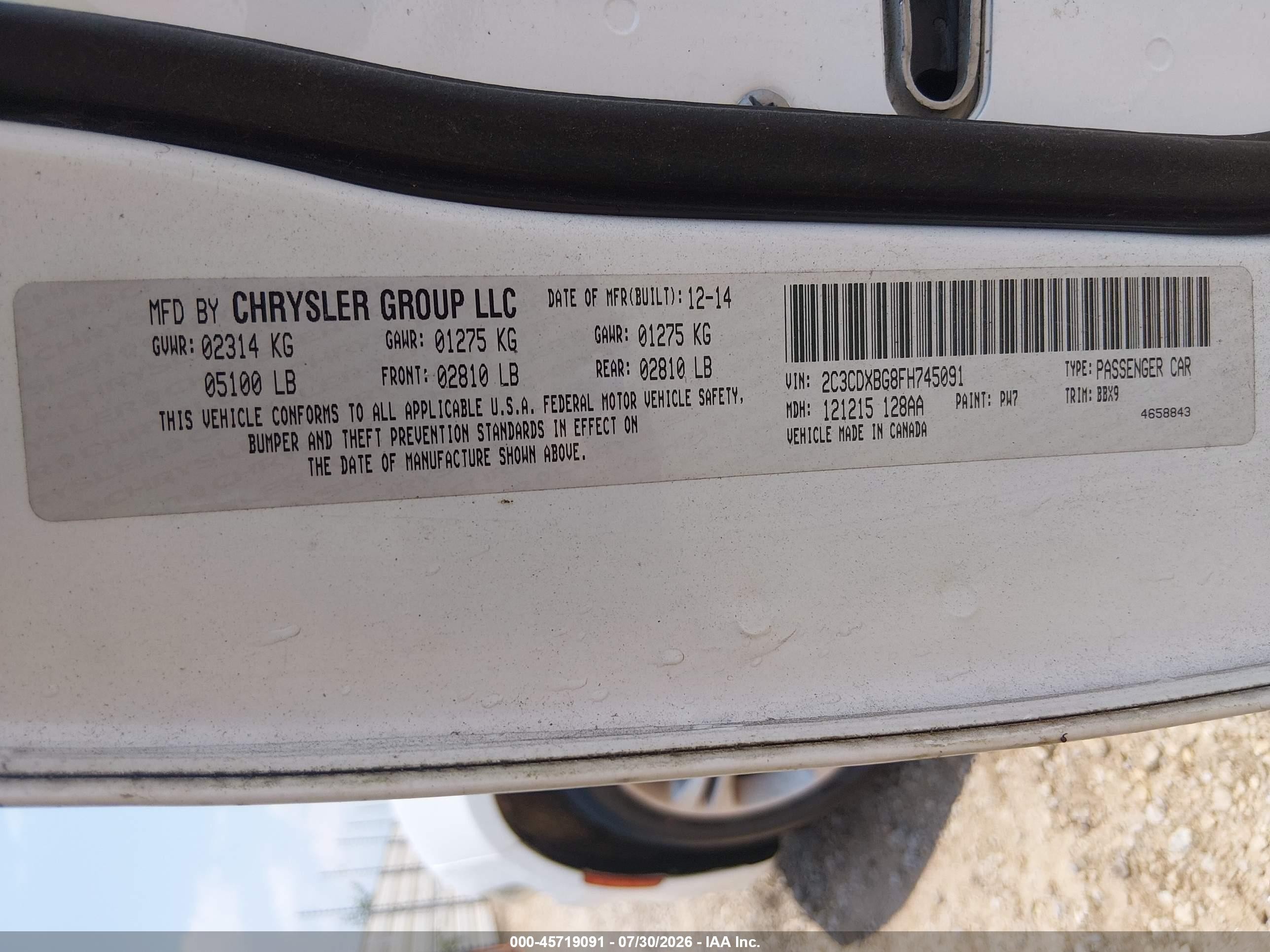 2015 Dodge Charger Se White vin: 2C3CDXBG8FH745091