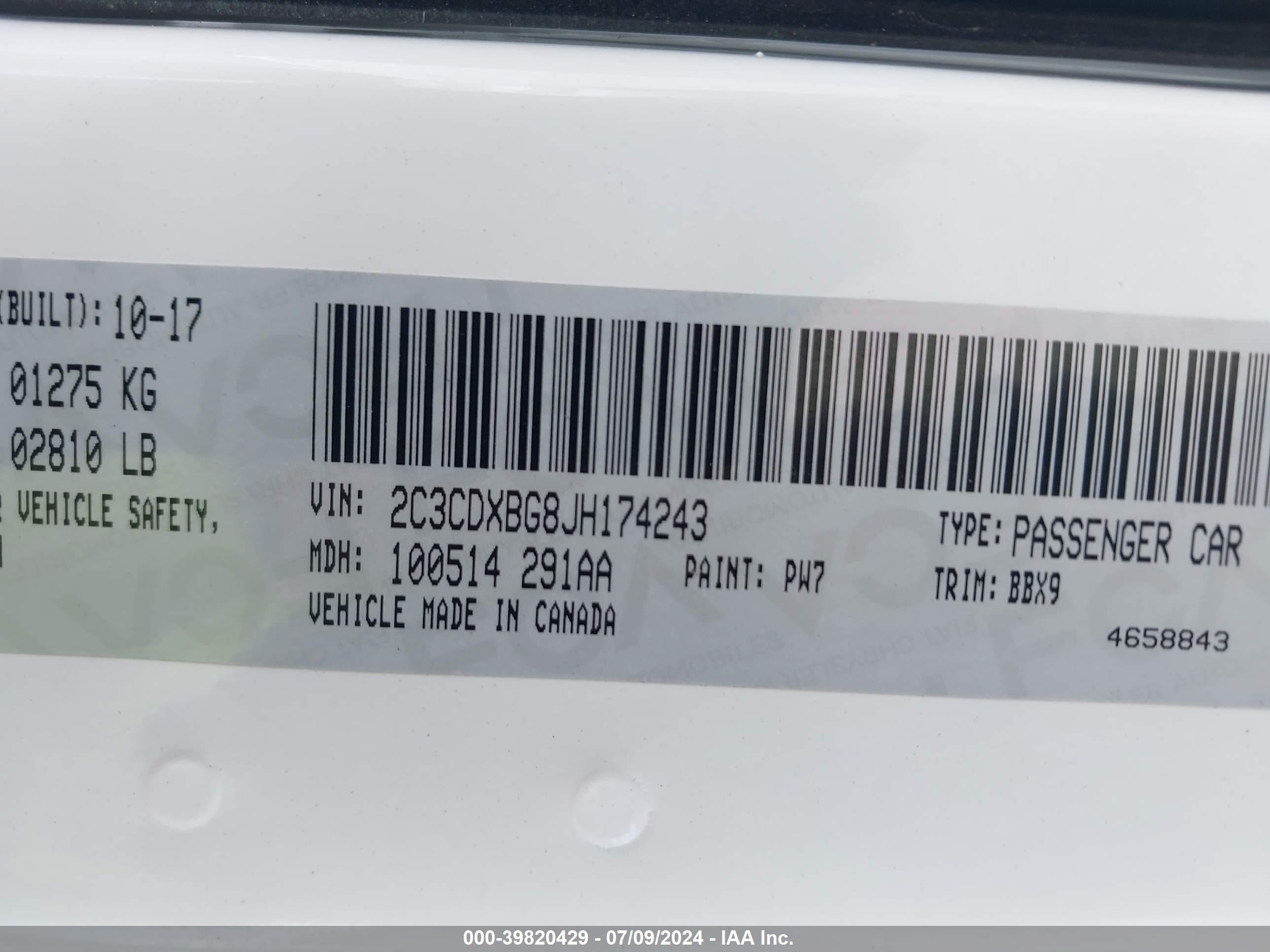 2018 Dodge Charger Sxt Rwd White vin: 2C3CDXBG8JH174243