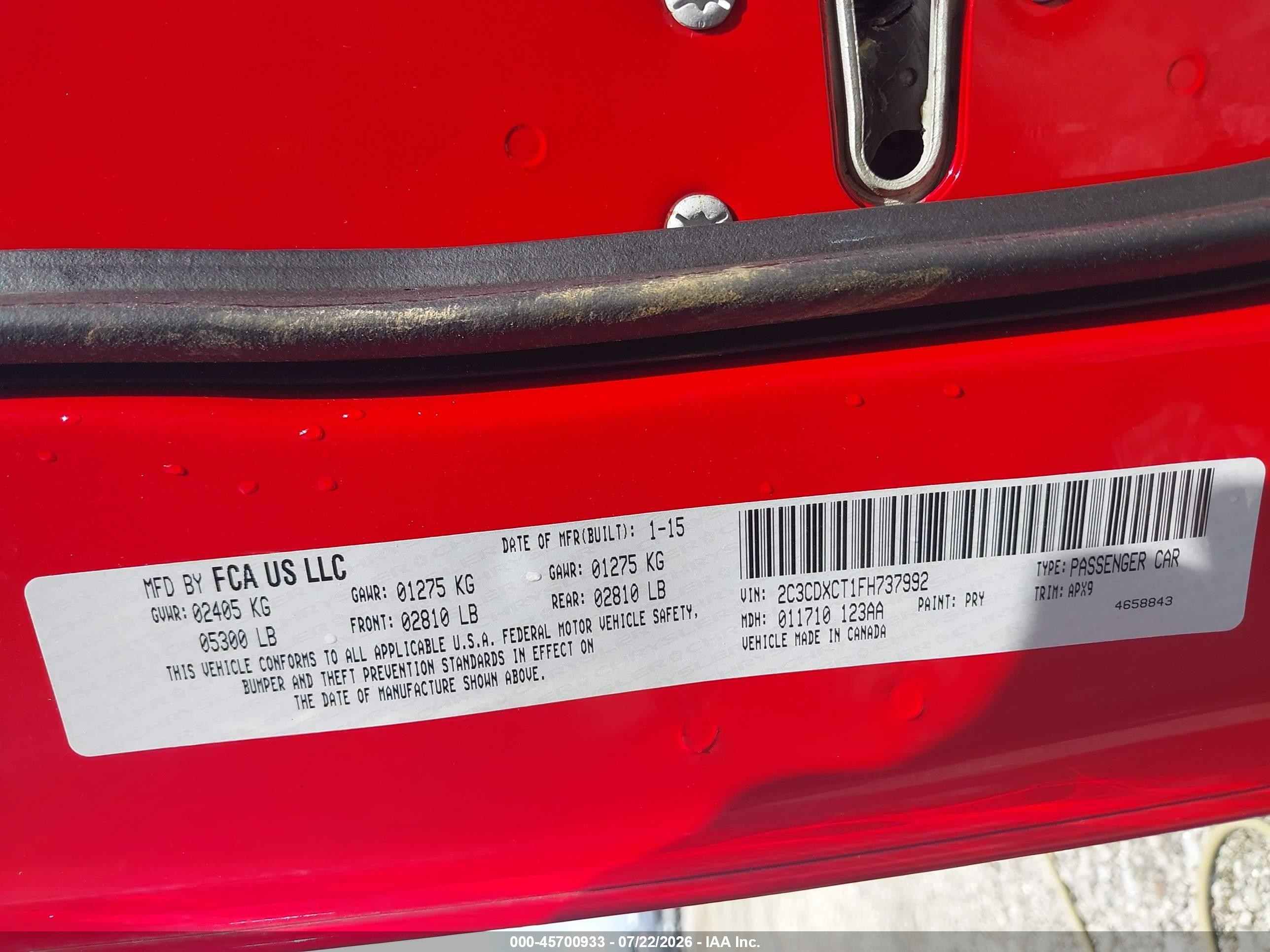 2015 Dodge Charger R/t Red vin: 2C3CDXCT1FH737992