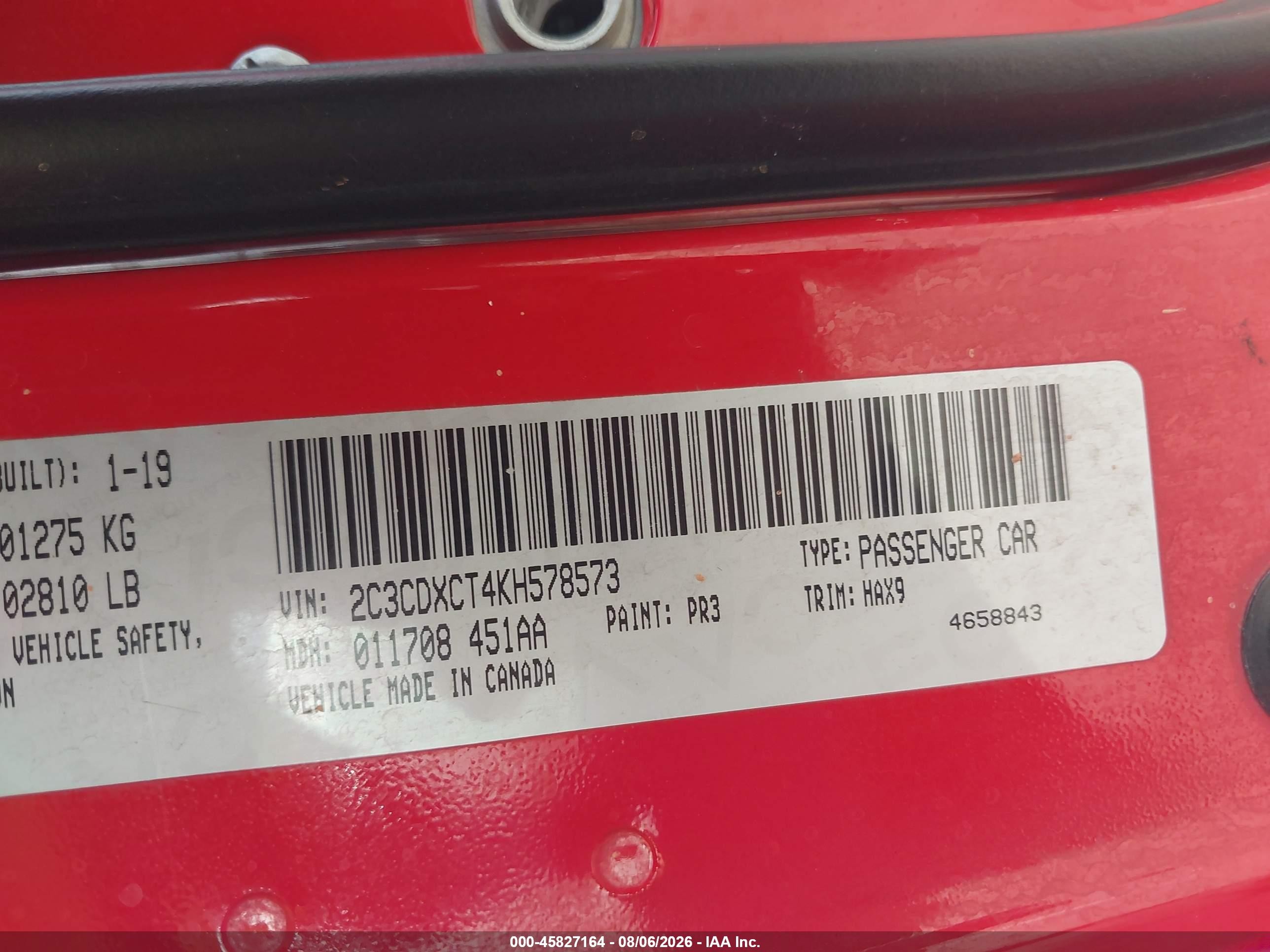 2019 Dodge Charger R/t Rwd Red vin: 2C3CDXCT4KH578573