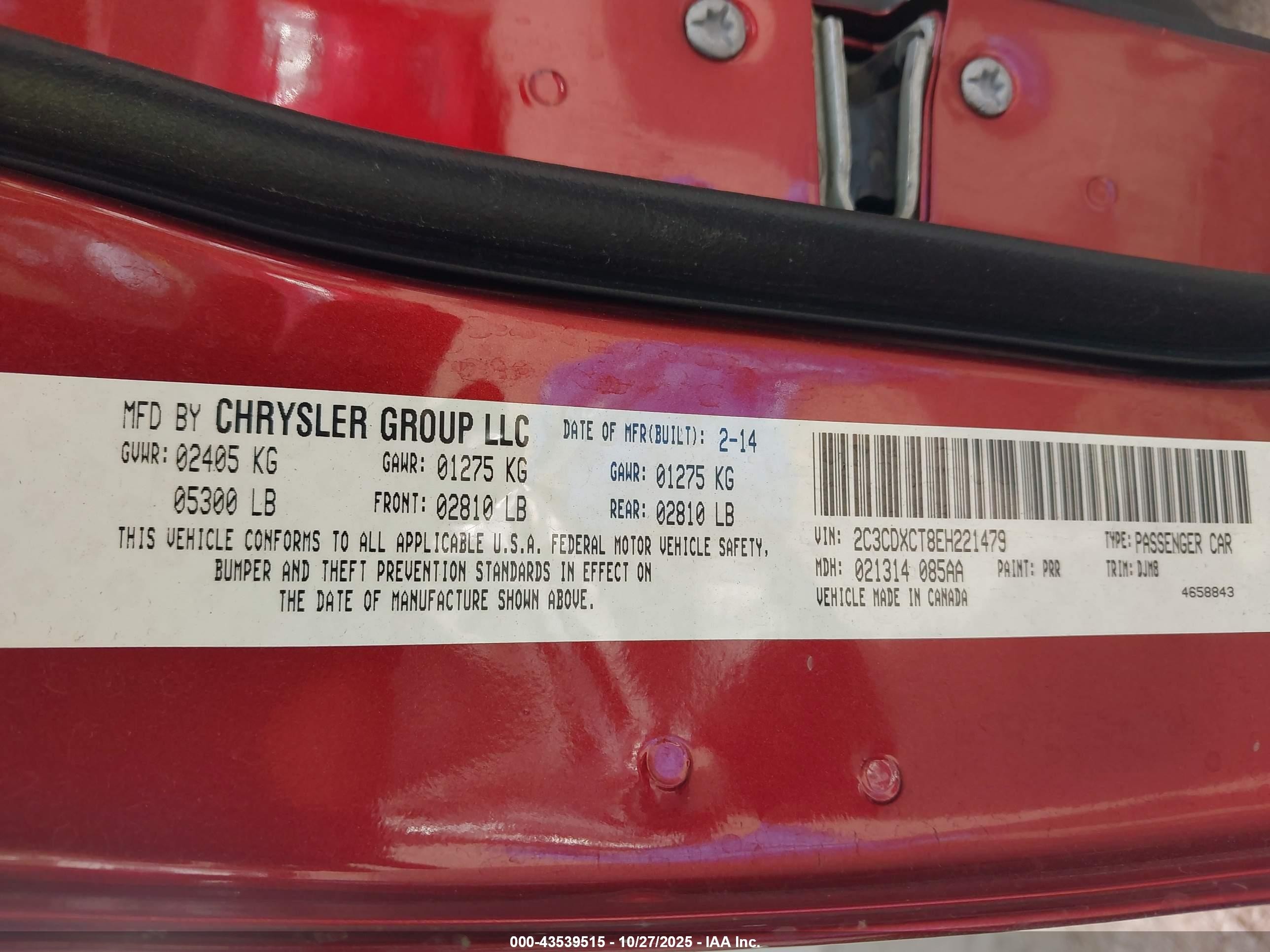 2014 Dodge Charger R/t 100th Anniversary Red vin: 2C3CDXCT8EH221479