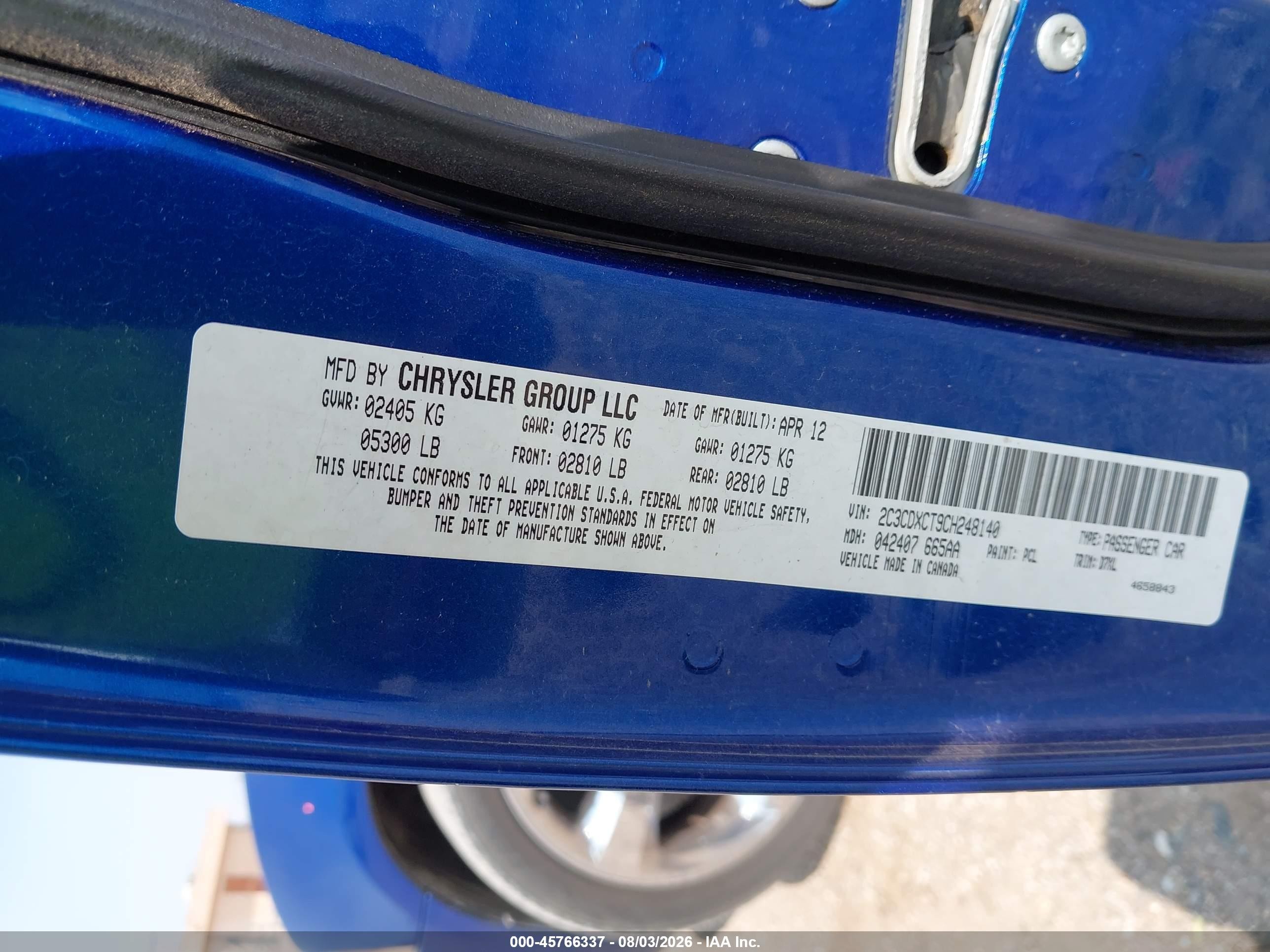 2012 Dodge Charger R/t Blue vin: 2C3CDXCT9CH248140