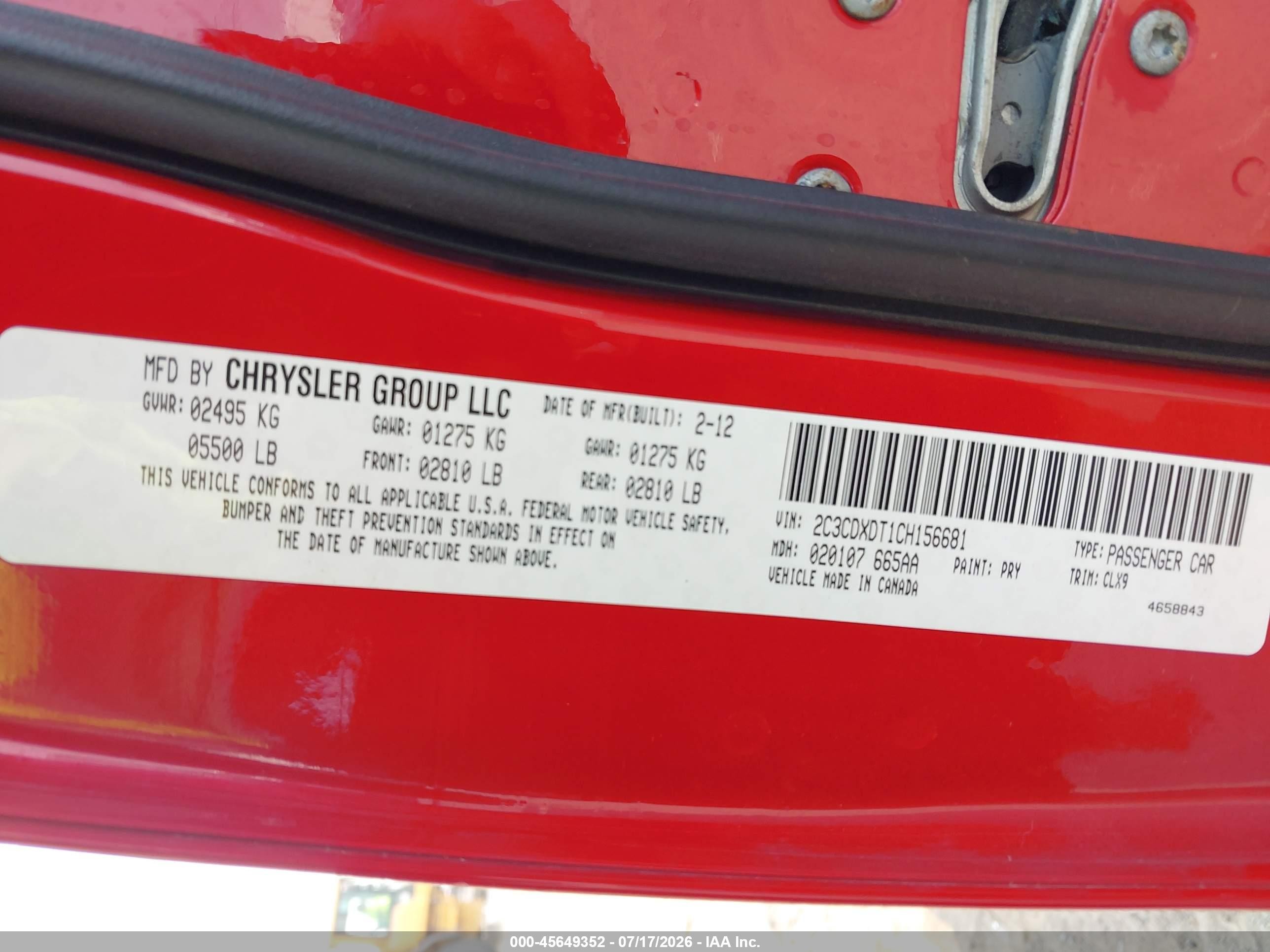 2012 Dodge Charger R/t Red vin: 2C3CDXDT1CH156681
