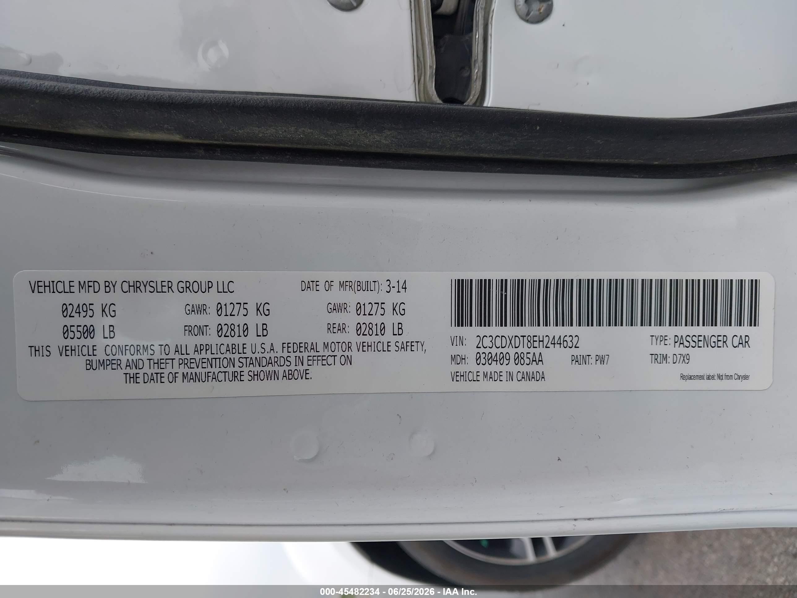 2014 Dodge Charger R/t White vin: 2C3CDXDT8EH244632