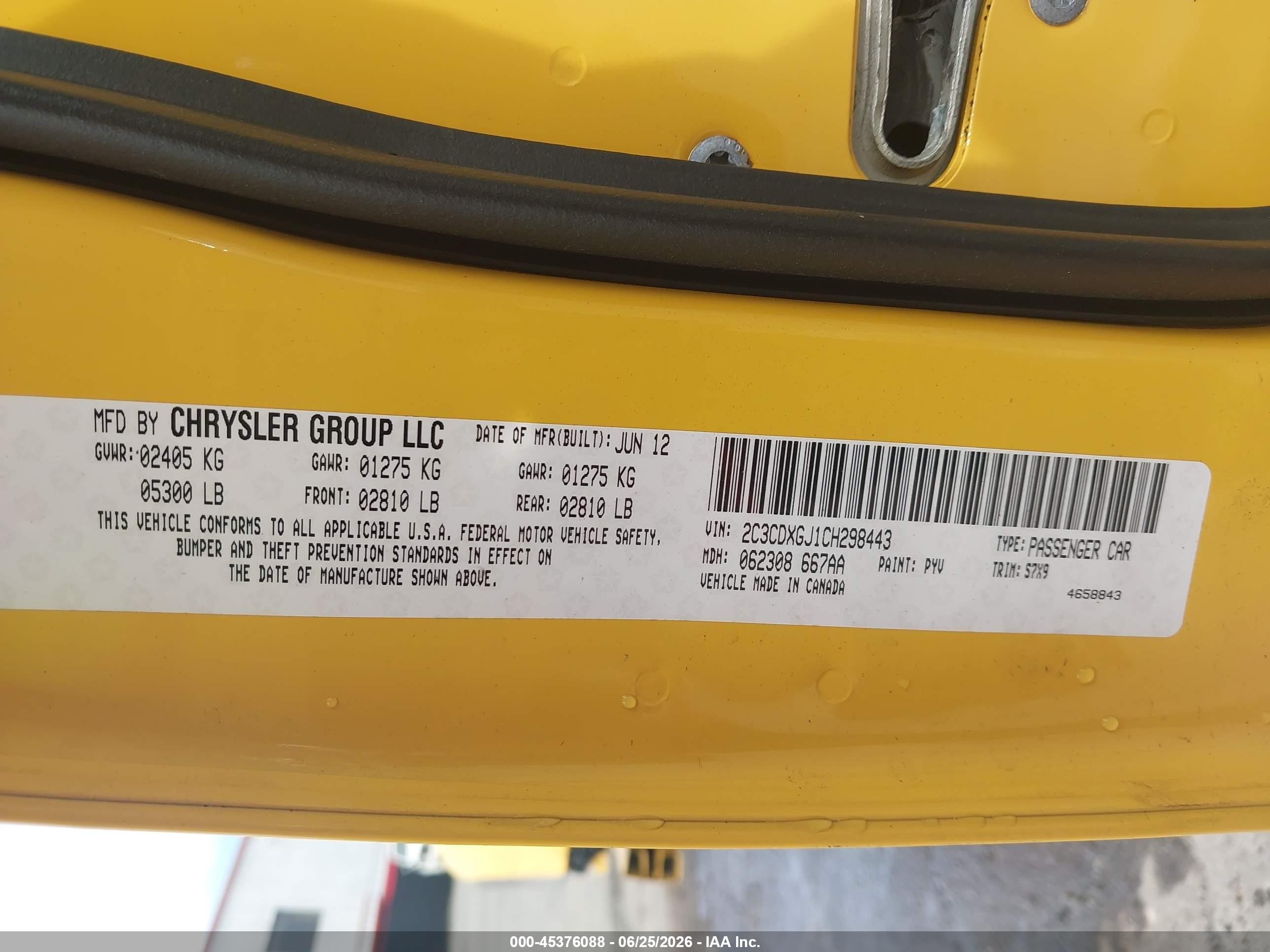 2012 Dodge Charger Srt8 Superbee Yellow vin: 2C3CDXGJ1CH298443
