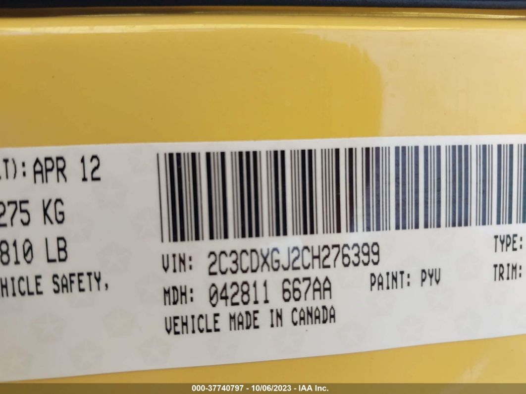2012 Dodge Charger Srt8 Super Bee Yellow vin: 2C3CDXGJ2CH276399