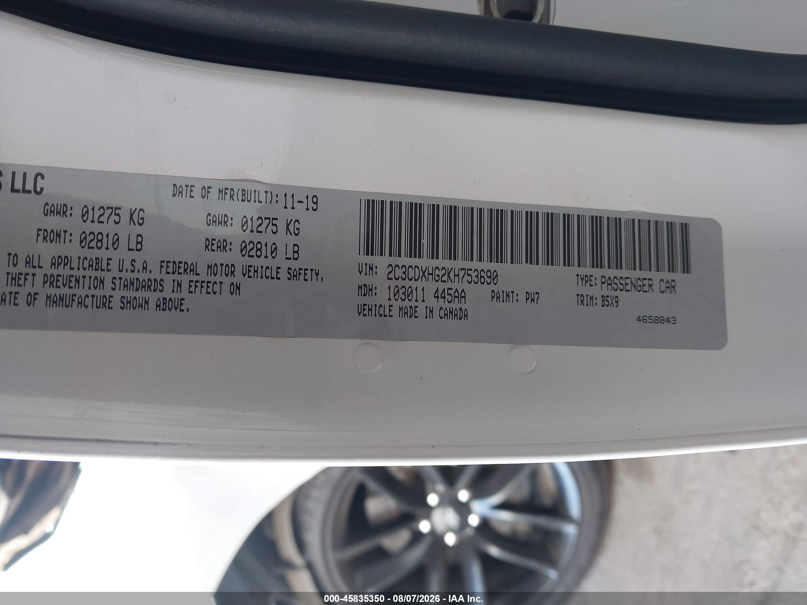 2019 Dodge Charger Gt Rwd Белый vin: 2C3CDXHG2KH753690