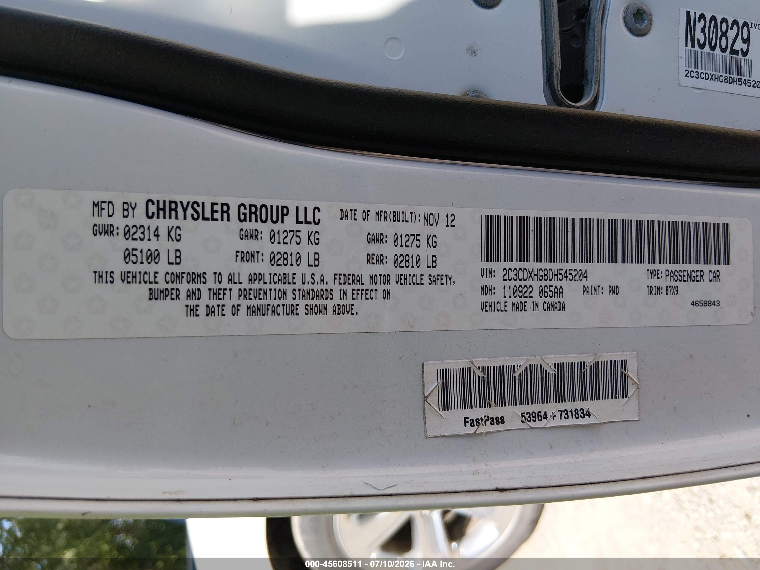2013 Dodge Charger Sxt White vin: 2C3CDXHG8DH545204