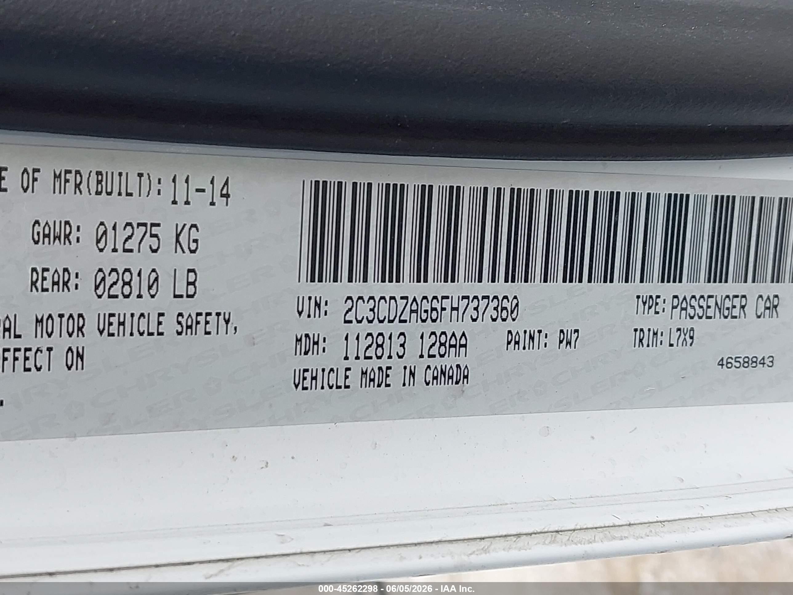 2015 Dodge Challenger Sxt White vin: 2C3CDZAG6FH737360
