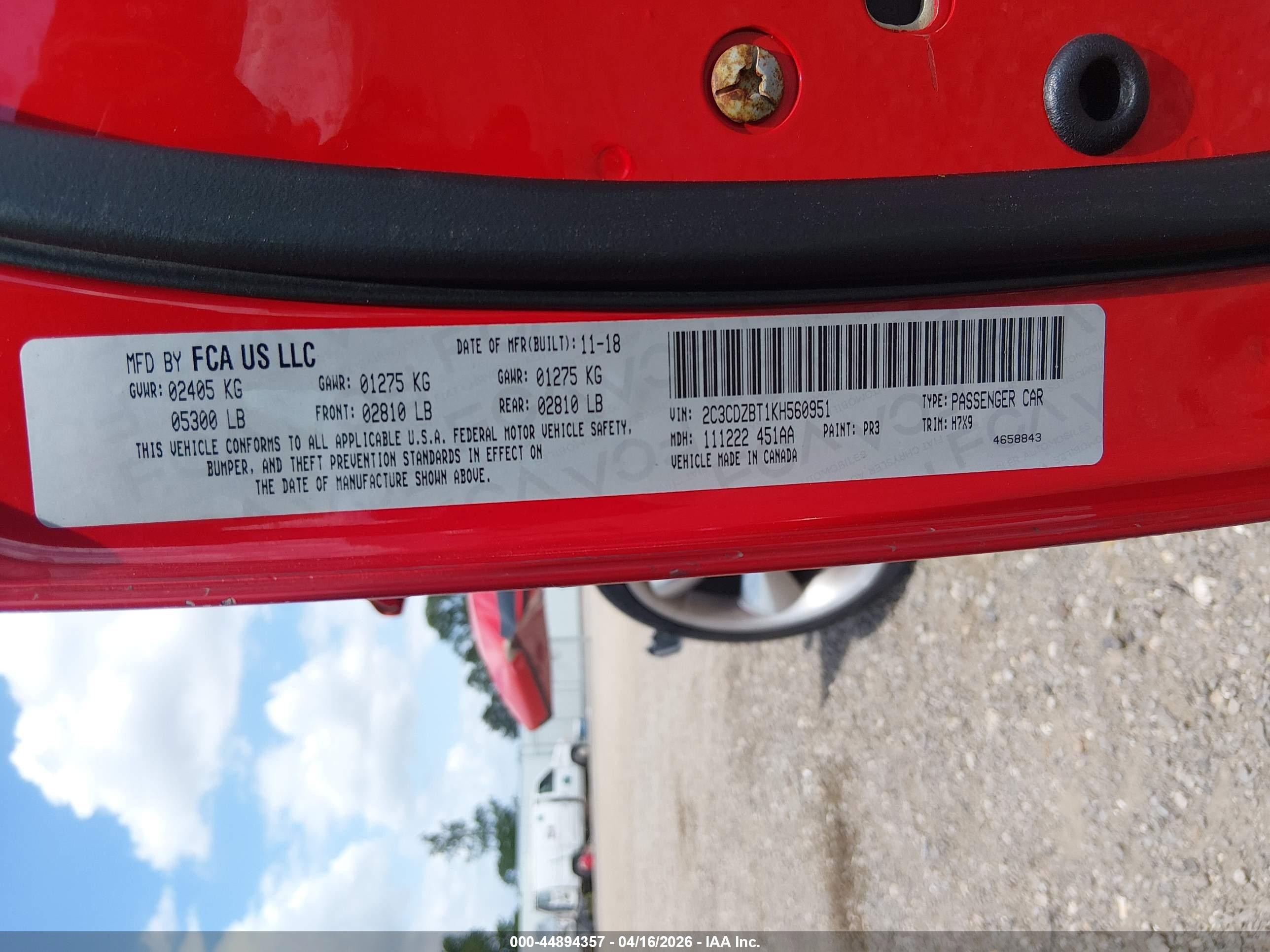 2019 Dodge Challenger R/t Red vin: 2C3CDZBT1KH560951