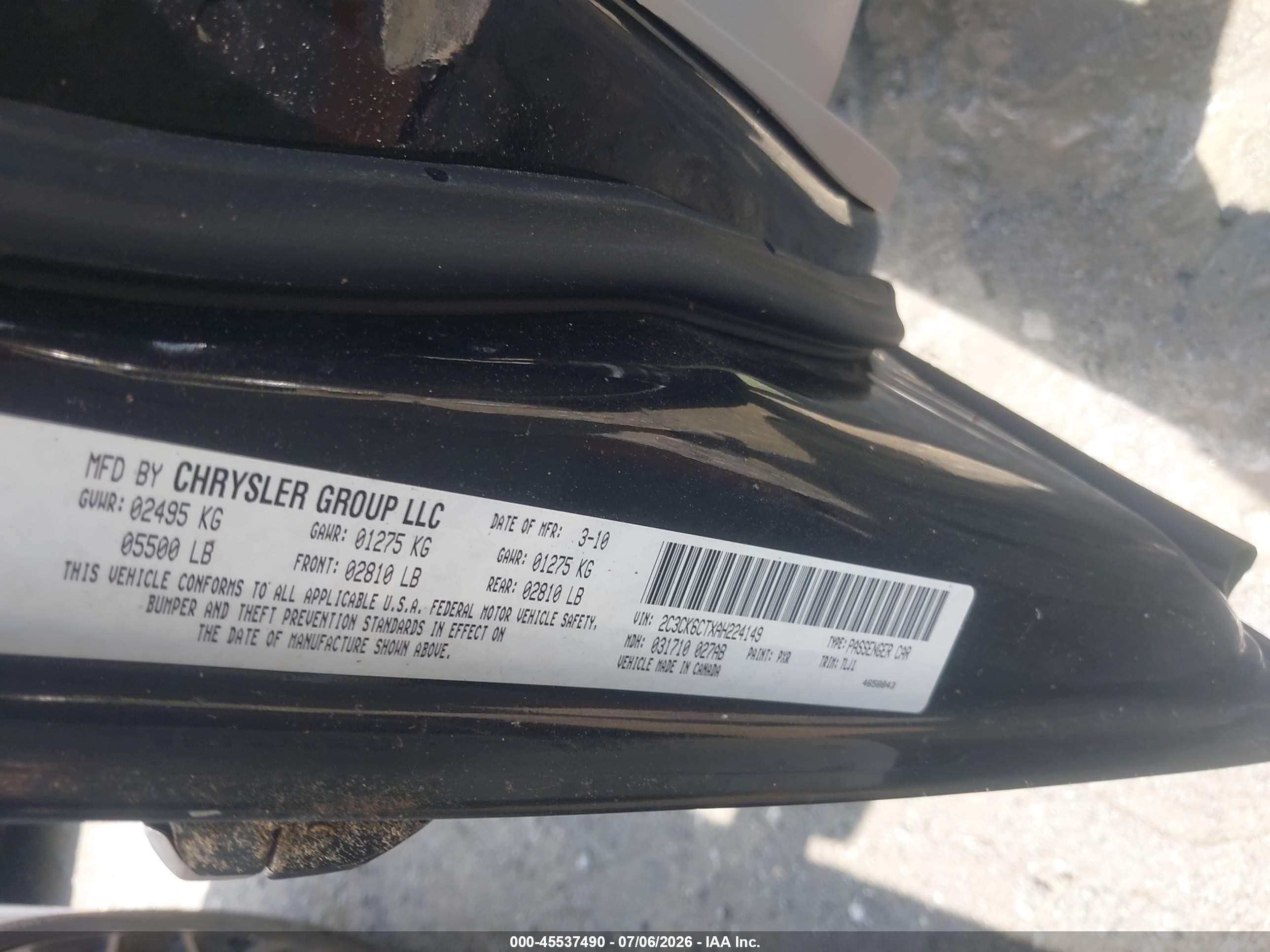2010 Chrysler 300c Awd Black vin: 2C3CK6CTXAH224149