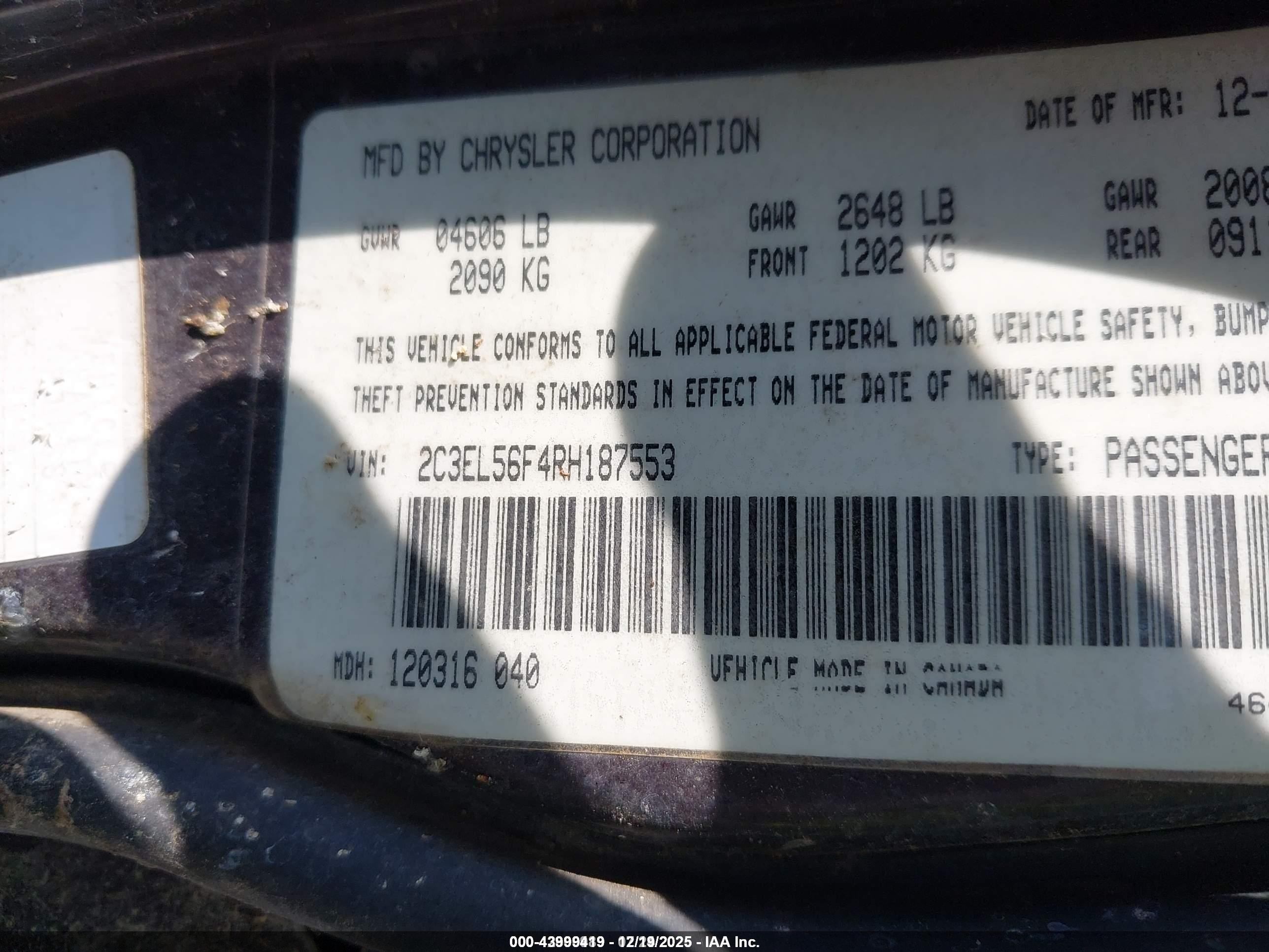 1994 Chrysler Concorde   Красный vin: 2C3EL56F4RH187553