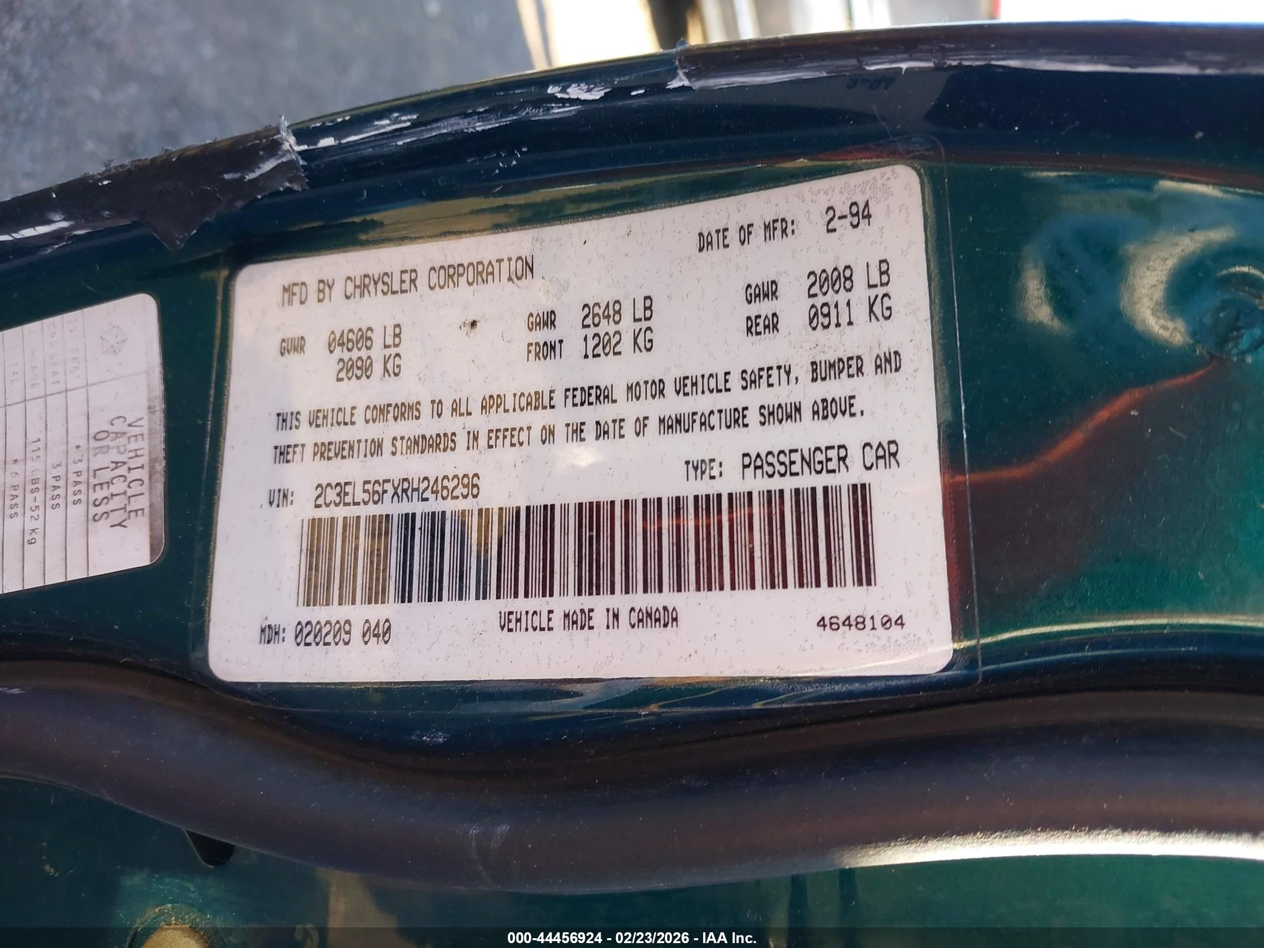 1994 Chrysler Concorde   Green vin: 2C3EL56FXRH246296