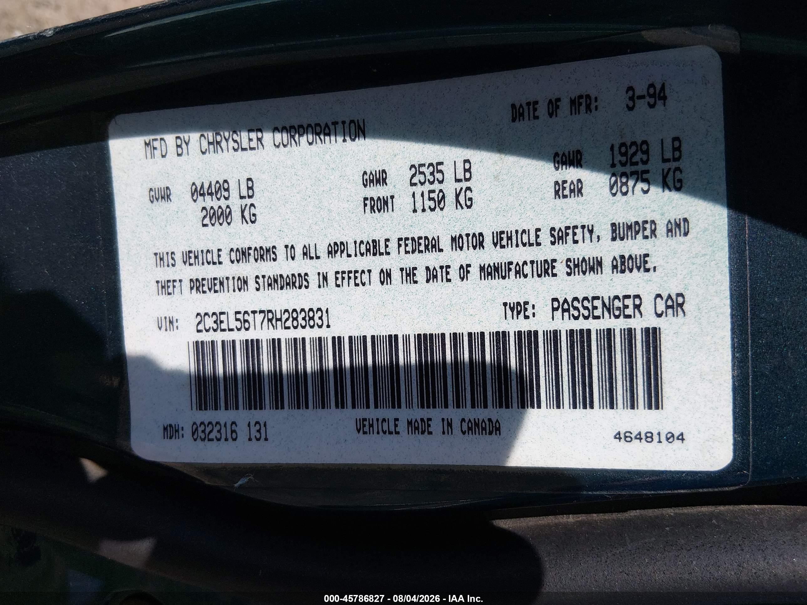 1994 Chrysler Concorde   Green vin: 2C3EL56T7RH283831