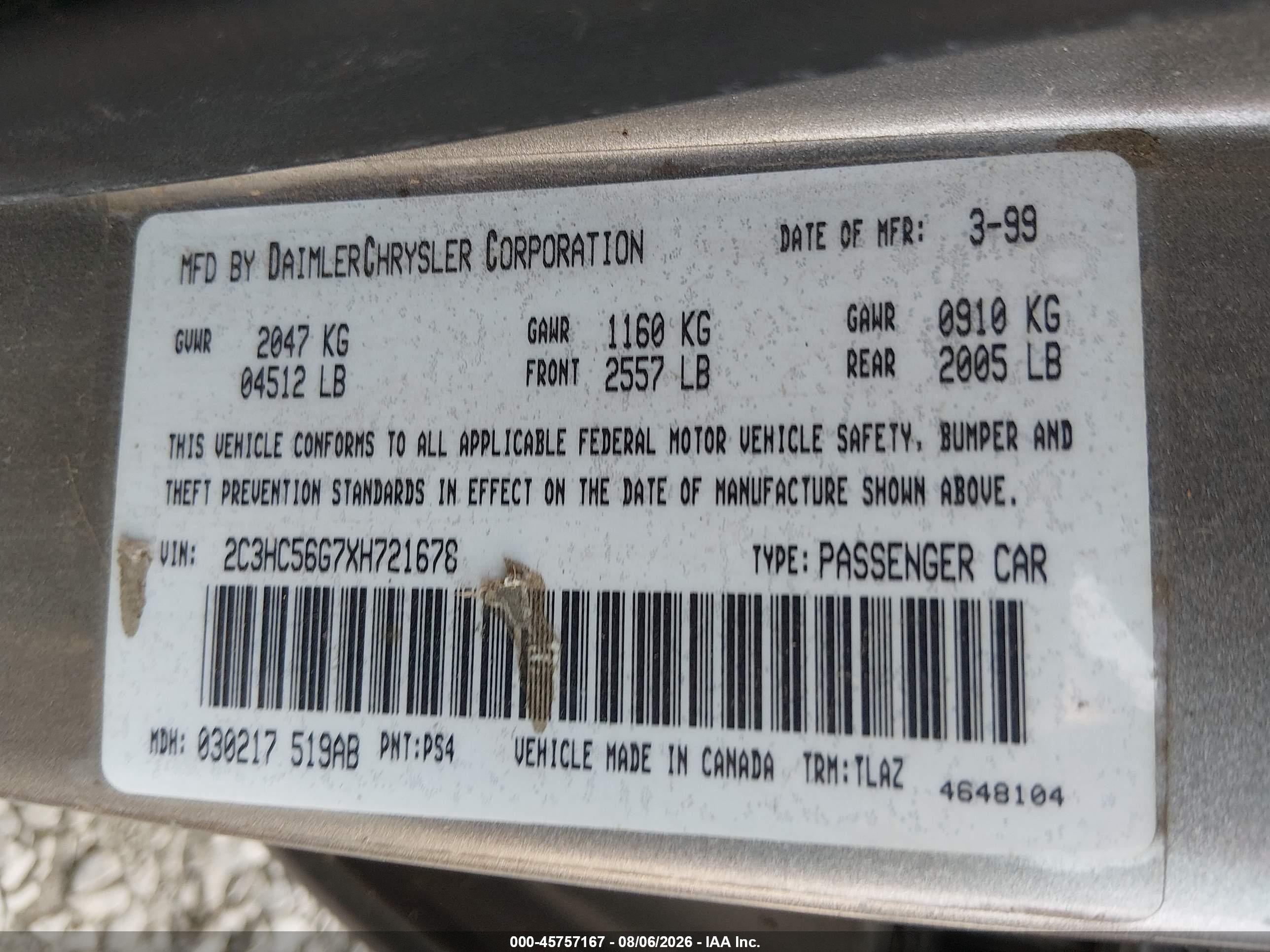 1999 Chrysler Lhs   Silver vin: 2C3HC56G7XH721678